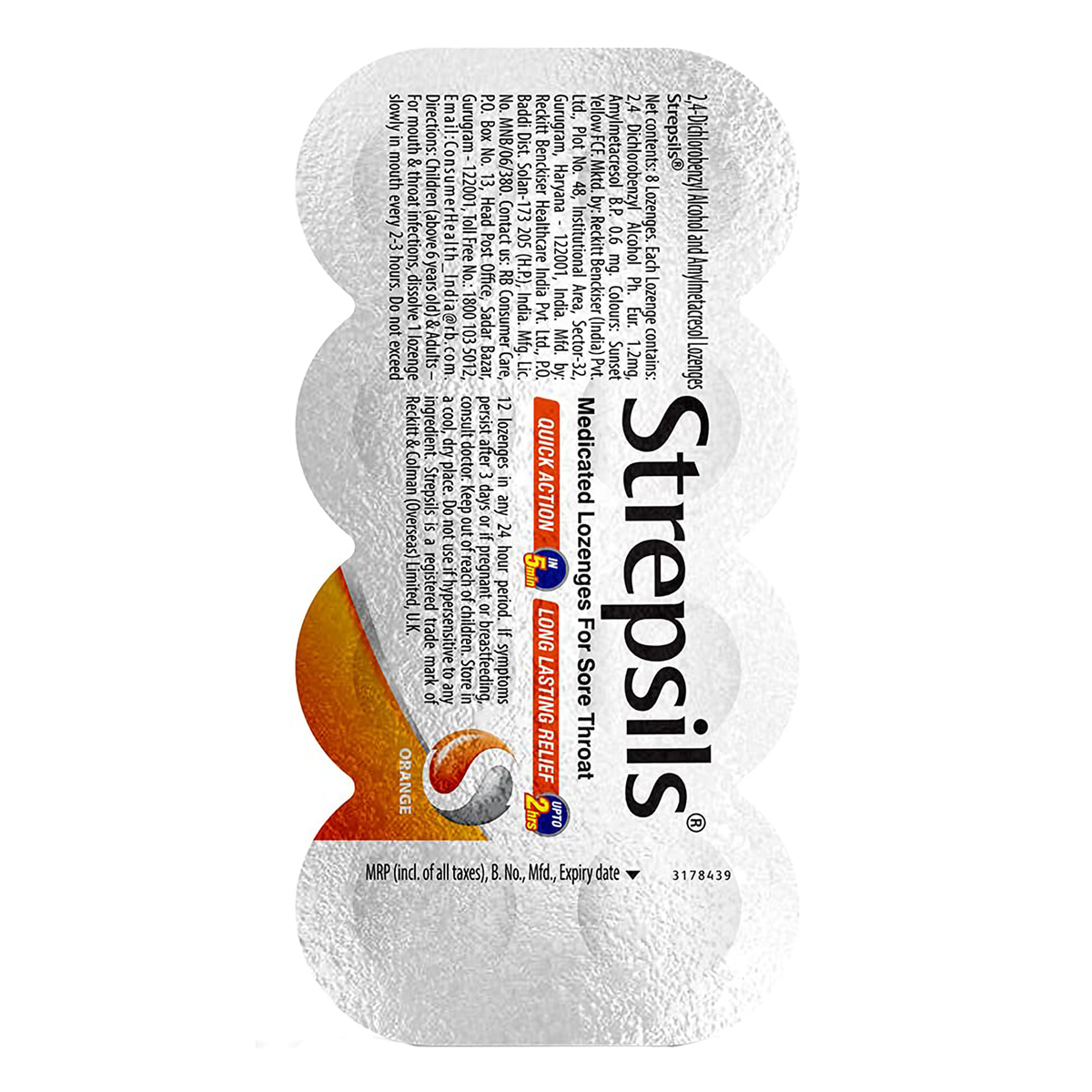 Strepsils Orange Medicated Lozenges for Sore Throat, 8 Count, Pack of 8