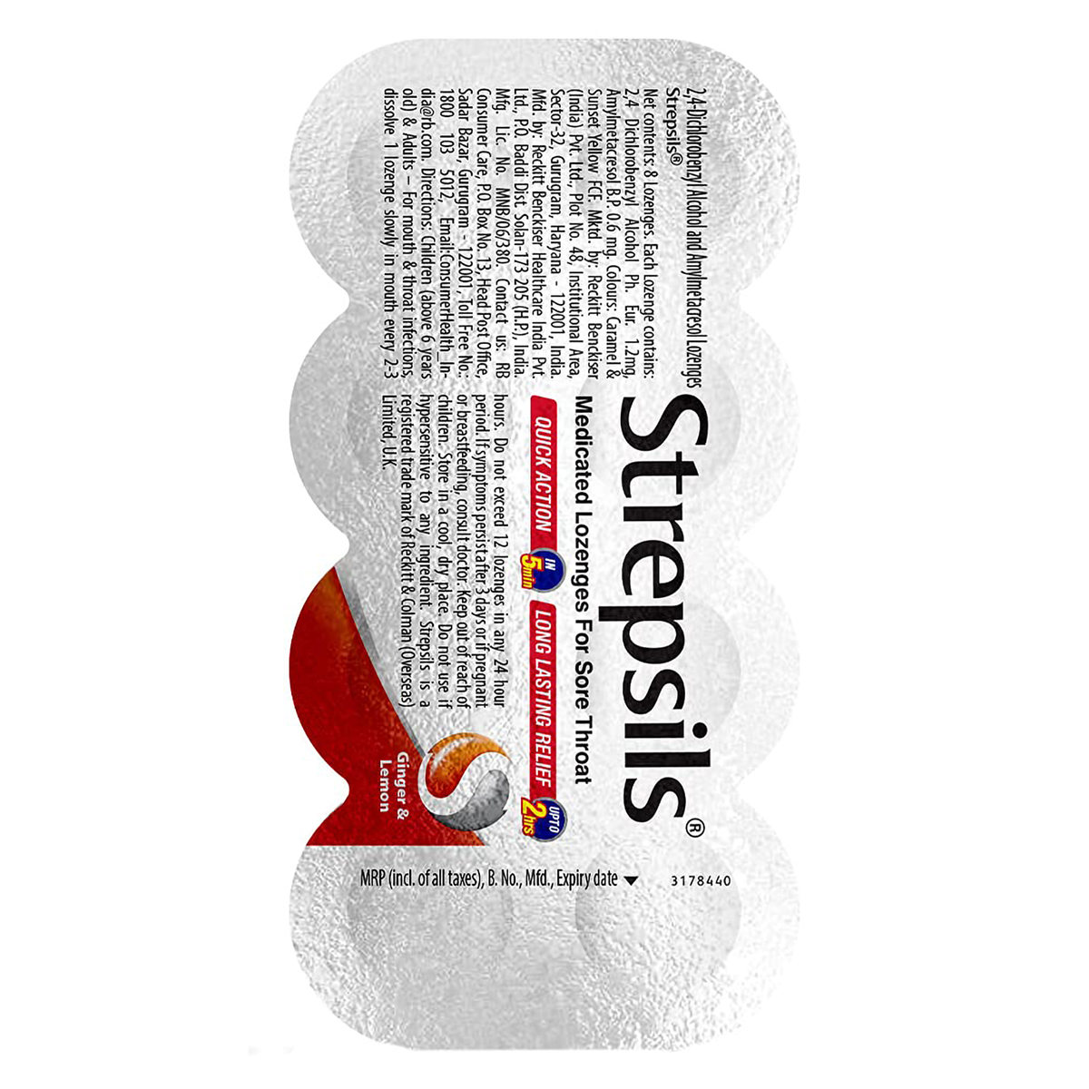 Strepsils Ginger &amp; Lemon Medicated Lozenges for Sore Throat, 8 Count, Pack of 8