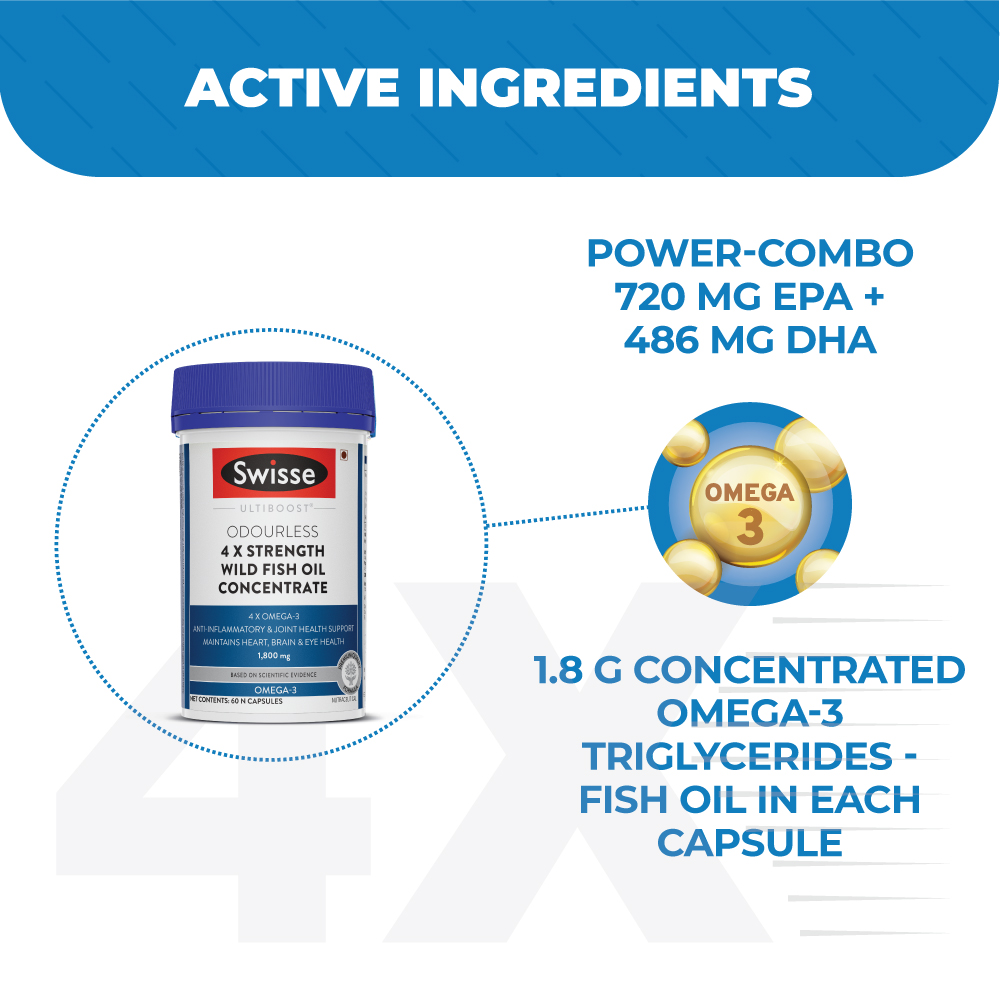 Swisse Ultiboost 1800 mg 4X Strength Wild Fish Oil, 60 Capsules, Pack of 1 Swisse Ultiboost 1800 mg 4X Strength Wild Fish Oil, 60 Capsules, Pack of 1