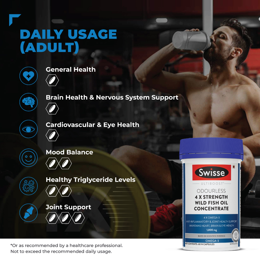 Swisse Ultiboost 1800 mg 4X Strength Wild Fish Oil, 60 Capsules, Pack of 1 Swisse Ultiboost 1800 mg 4X Strength Wild Fish Oil, 60 Capsules, Pack of 1