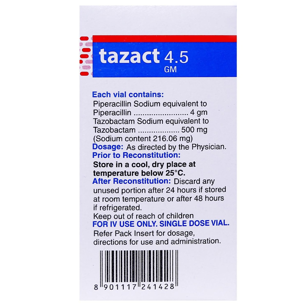 Tazact 4.5gm Injection 1's, Pack of 1 INJECTION Tazact 4.5gm Injection 1's, Pack of 1 INJECTION
