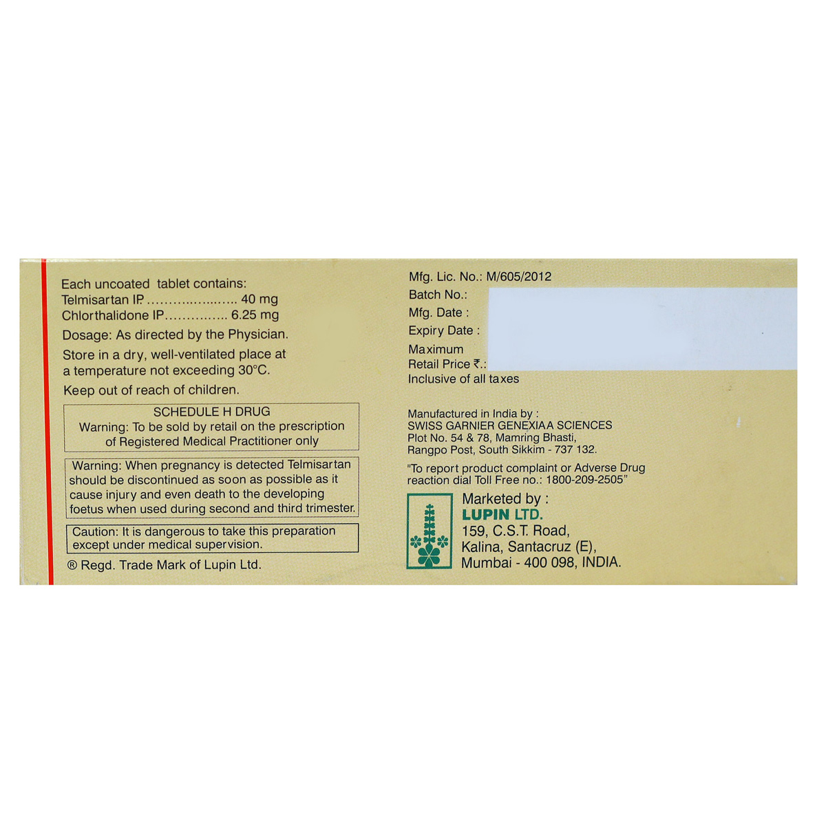 Telista CH 40\6.25 Tablet 10's Telista CH 40\6.25 Tablet 10's