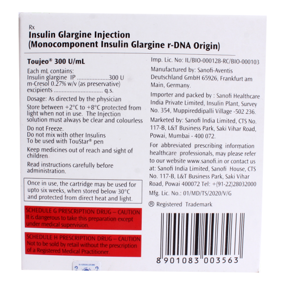 Toujeo 300U/ml Cartridge 3x1.5 ml, Pack of 3 INJECTIONS Toujeo 300U/ml Cartridge 3x1.5 ml, Pack of 3 INJECTIONS