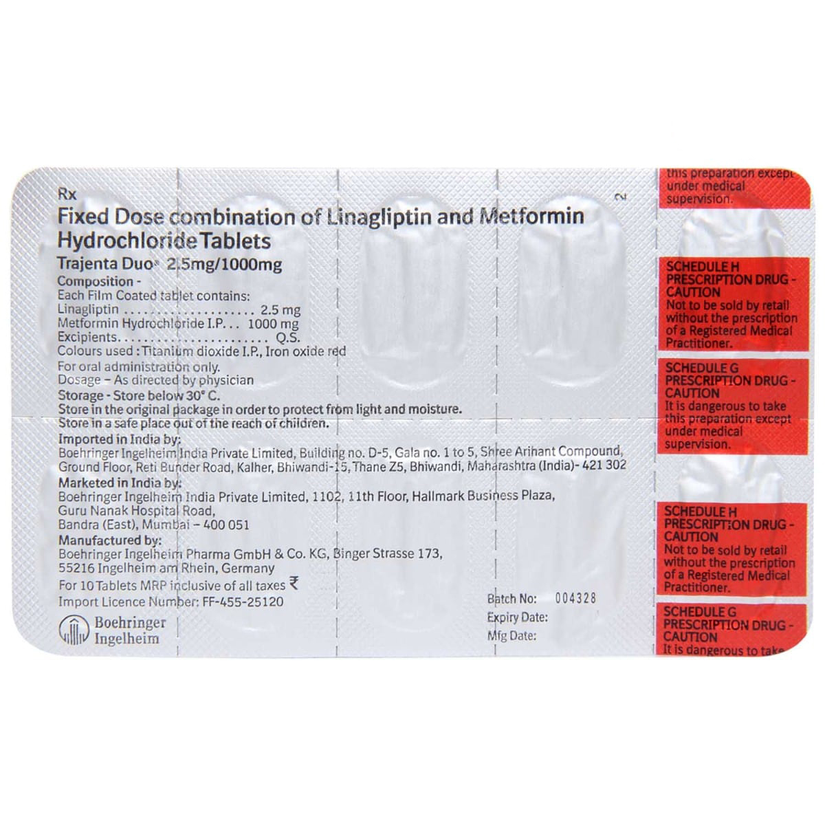 Trajenta Duo 2.5 mg/1000 mg Tablet 10's, Pack of 10 TABLETS Trajenta Duo 2.5 mg/1000 mg Tablet 10's, Pack of 10 TABLETS