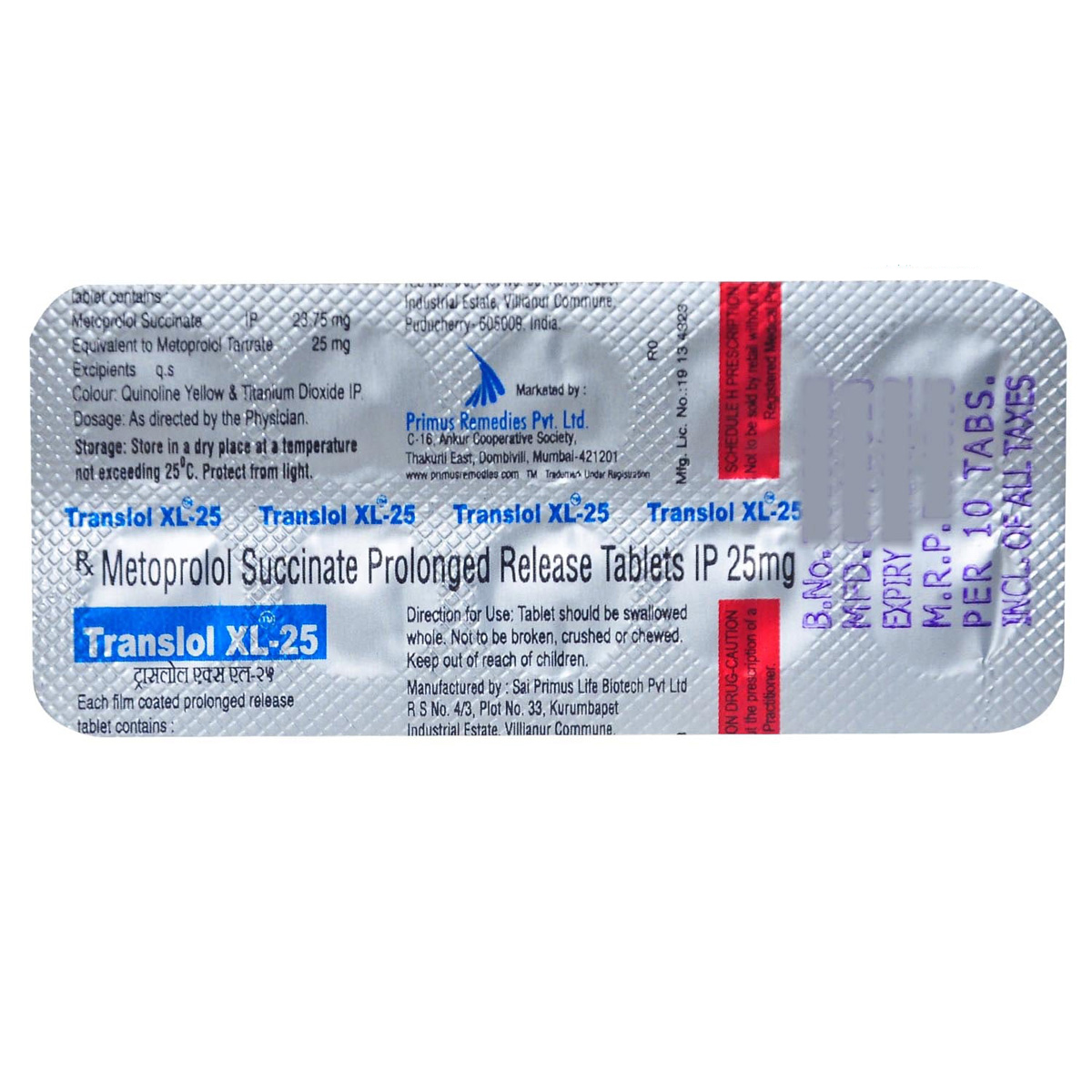 TRANSLOL XL 25MG TABLET, Pack of 10 TABLETS TRANSLOL XL 25MG TABLET, Pack of 10 TABLETS