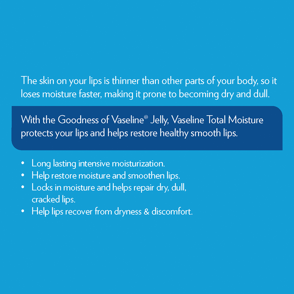 Vaseline Total Moisture Lip Care 10 gm | Long lasting Intensive Moisturization | Repair Dry, dull & Cracked Lips, Pack of 1 Vaseline Total Moisture Lip Care 10 gm | Long lasting Intensive Moisturization | Repair Dry, dull & Cracked Lips, Pack of 1