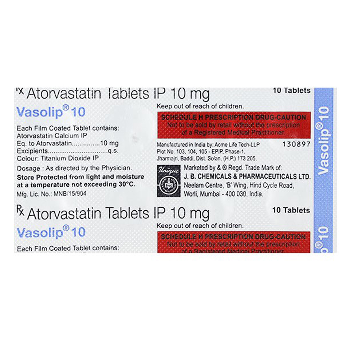 Vasolip 10 Tablet 10's, Pack of 10 TABLETS Vasolip 10 Tablet 10's, Pack of 10 TABLETS
