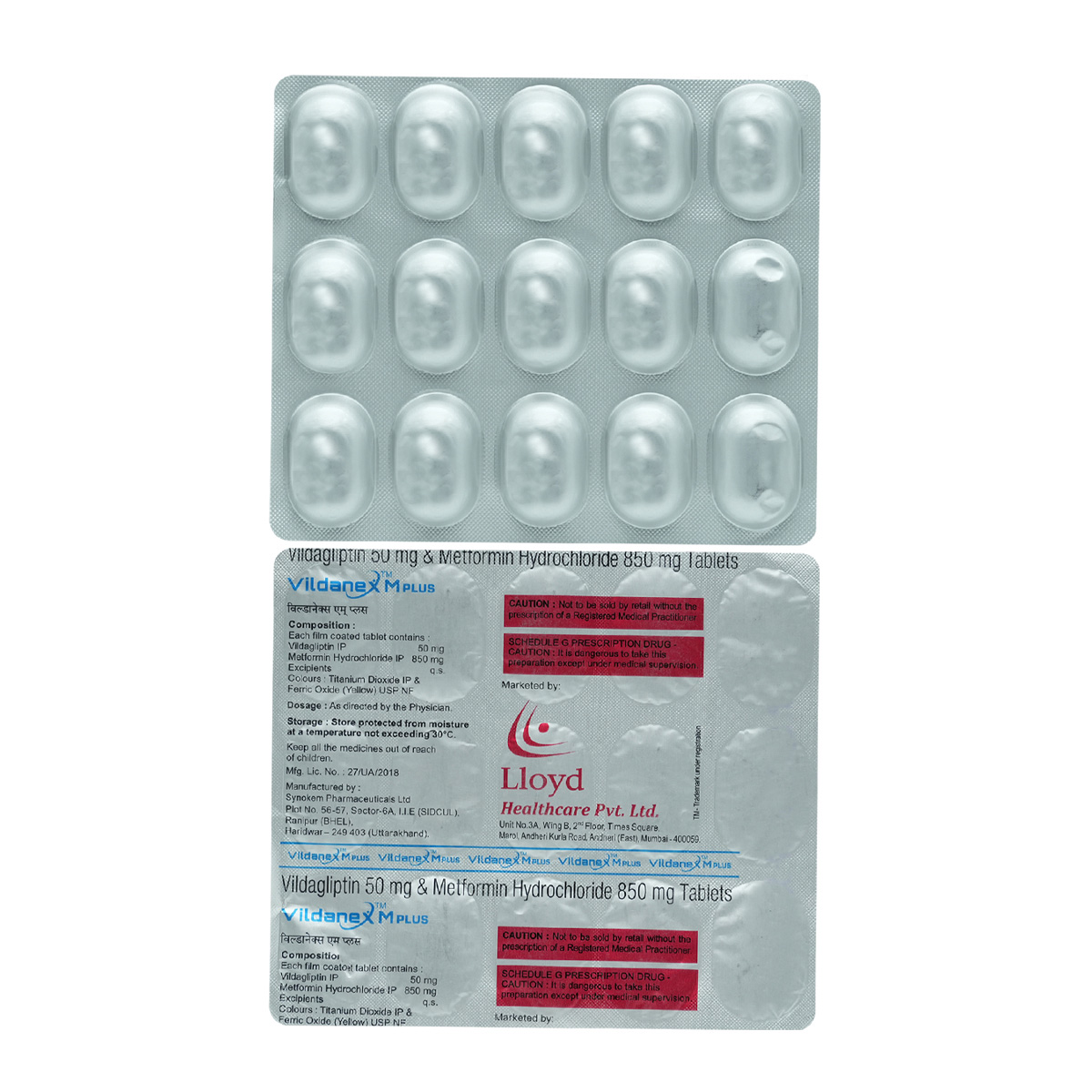 Vildanex M Plus 50/850mg Tablet 15's, Pack of 15 TabletS Vildanex M Plus 50/850mg Tablet 15's, Pack of 15 TabletS