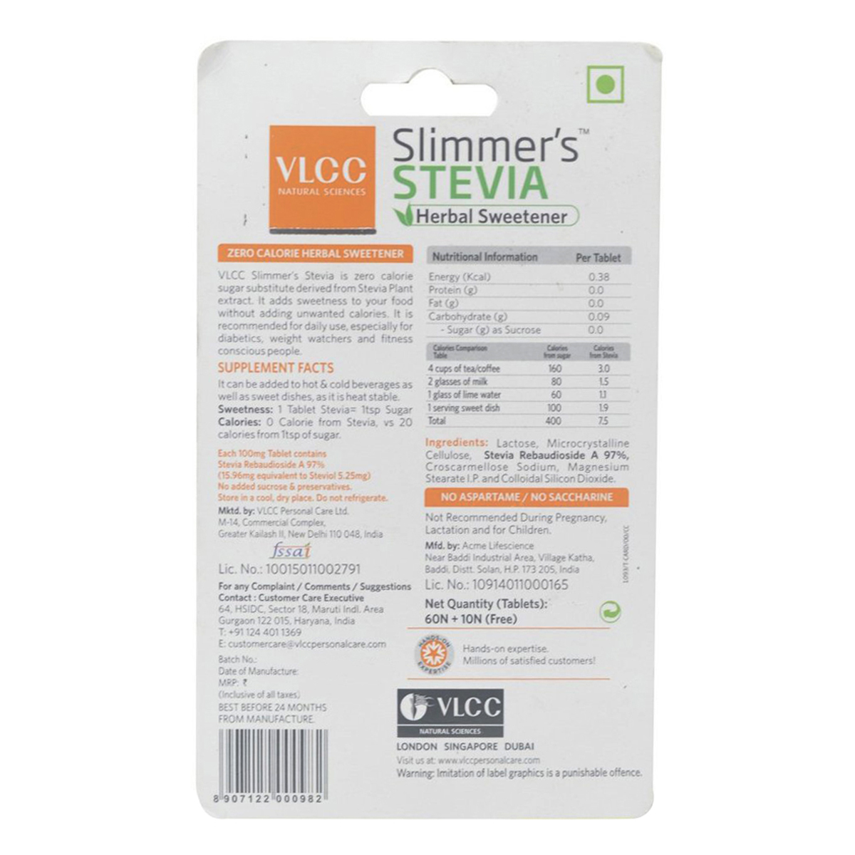 VLCC Slimmer's Stevia Herbal Sweetener, 60 Tablets, Pack of 1 VLCC Slimmer's Stevia Herbal Sweetener, 60 Tablets, Pack of 1