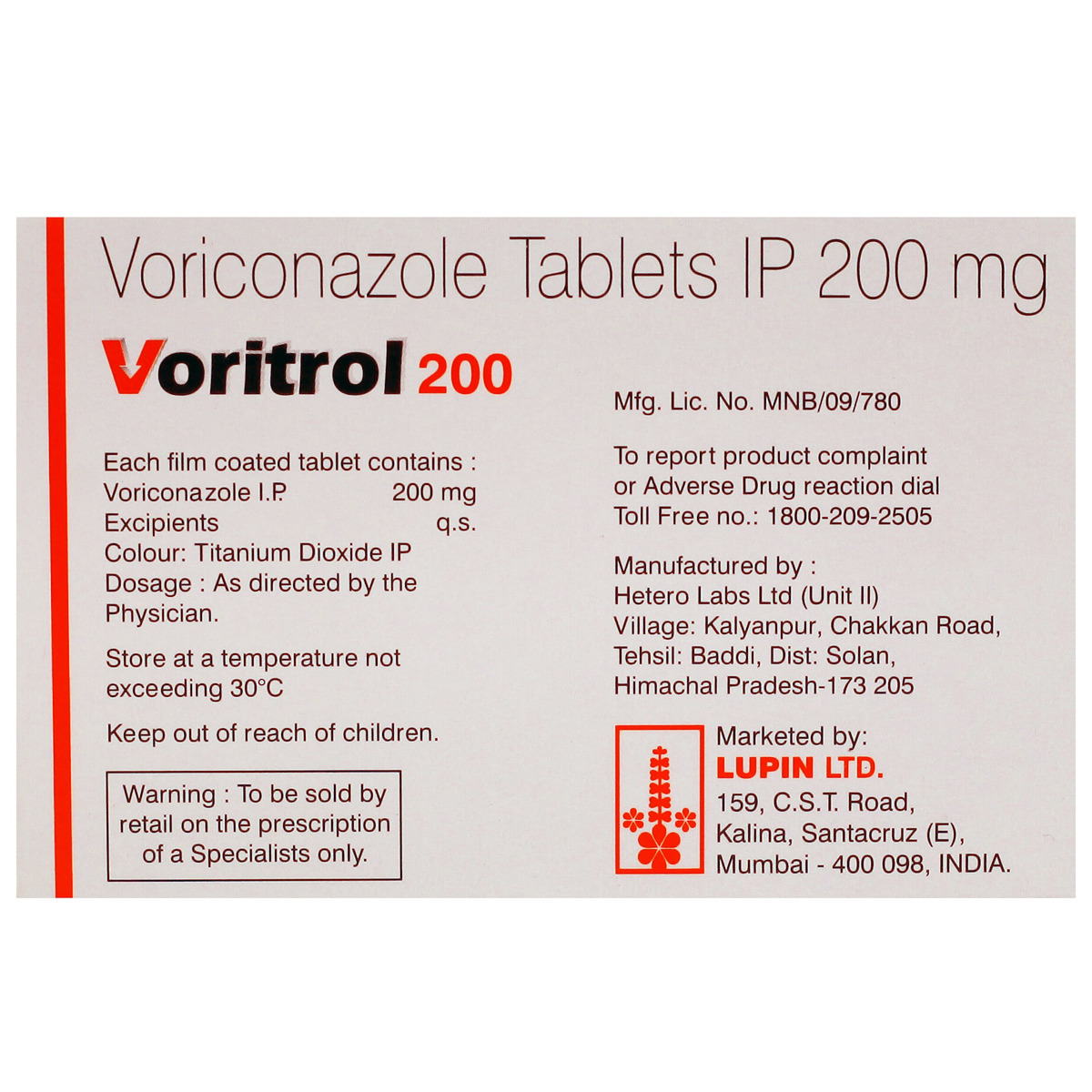Voritrol 200 Tablet 4's, Pack of 4 TABLETS Voritrol 200 Tablet 4's, Pack of 4 TABLETS