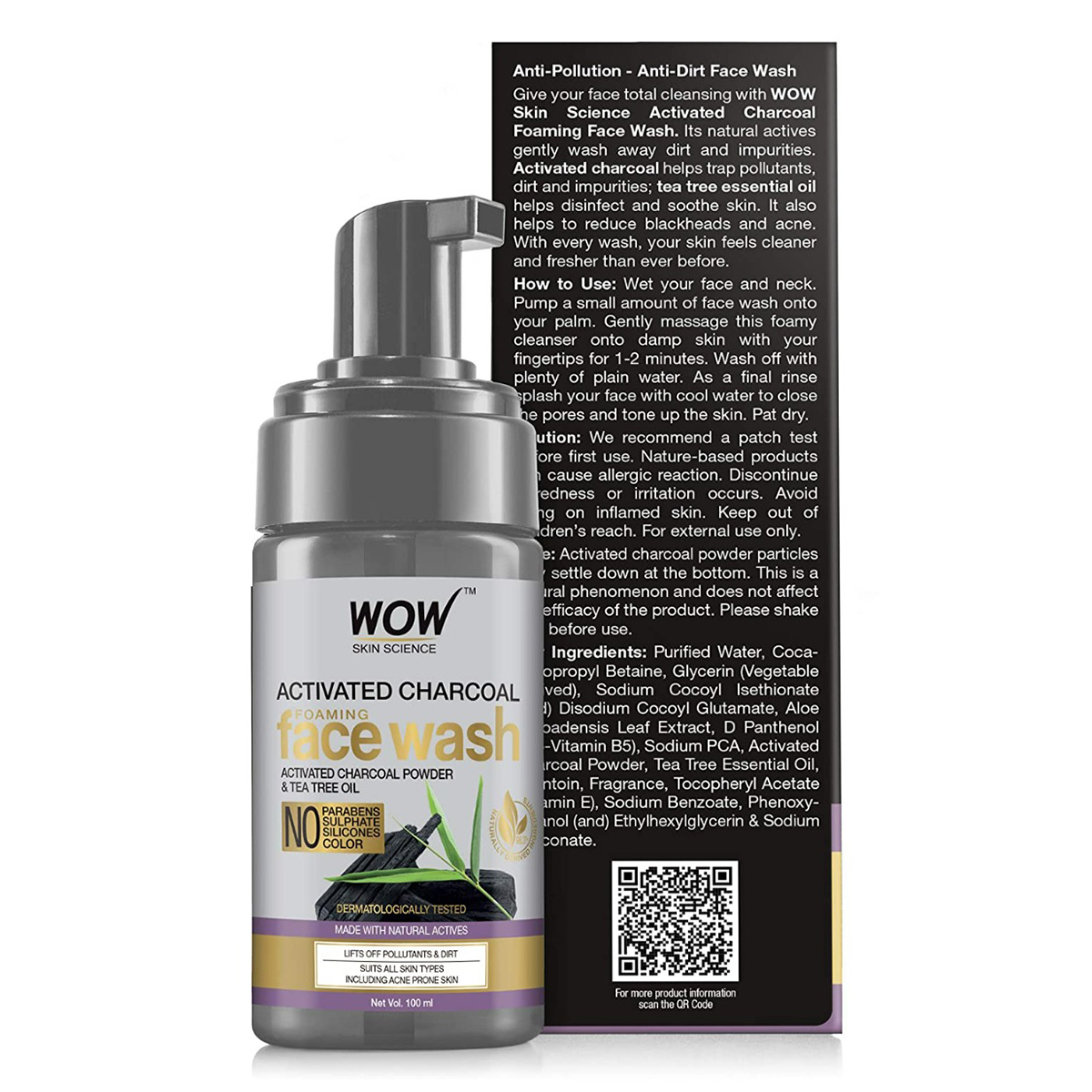 Wow Skin Science Activated Charcoal Foaming Face Wash 100 ml | Activated Charcoal & Tea Tree Oil | Removes Dirt, Pollutants & Acne | For All Skin Type & Acne Prone Skin, Pack of 1 Wow Skin Science Activated Charcoal Foaming Face Wash 100 ml | Activated Charcoal & Tea Tree Oil | Removes Dirt, Pollutants & Acne | For All Skin Type & Acne Prone Skin, Pack of 1