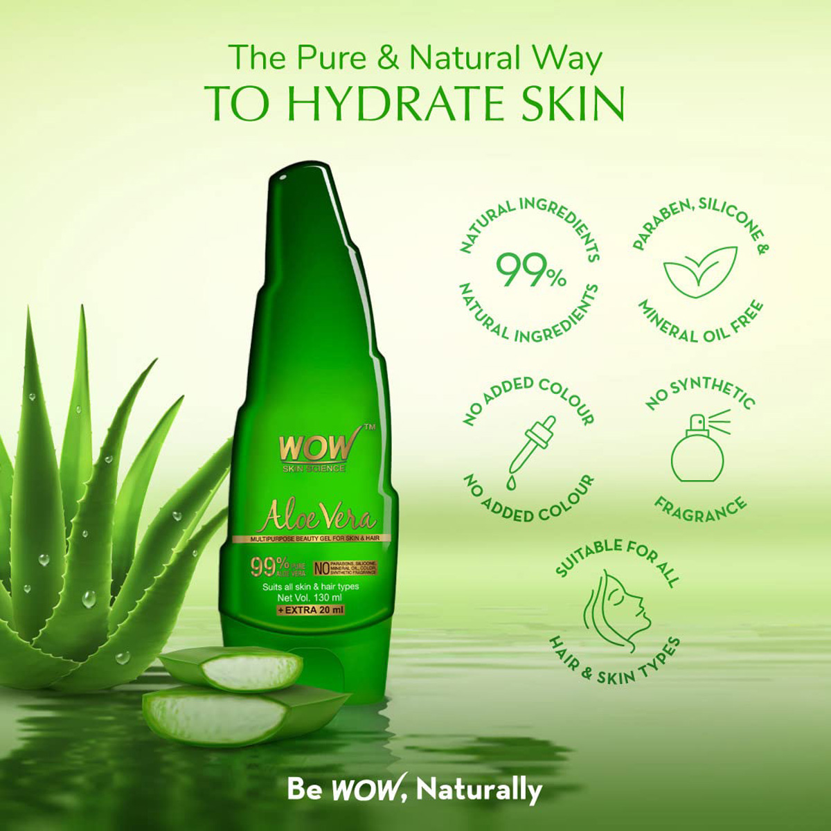 Wow Skin Science Aloe Vera Gel For Skin & Hair 130 ml | 99% Pure Aloe Vera | Hydrates & Nourishes | For All Skin & All Hair Types, Pack of 1 Wow Skin Science Aloe Vera Gel For Skin & Hair 130 ml | 99% Pure Aloe Vera | Hydrates & Nourishes | For All Skin & All Hair Types, Pack of 1