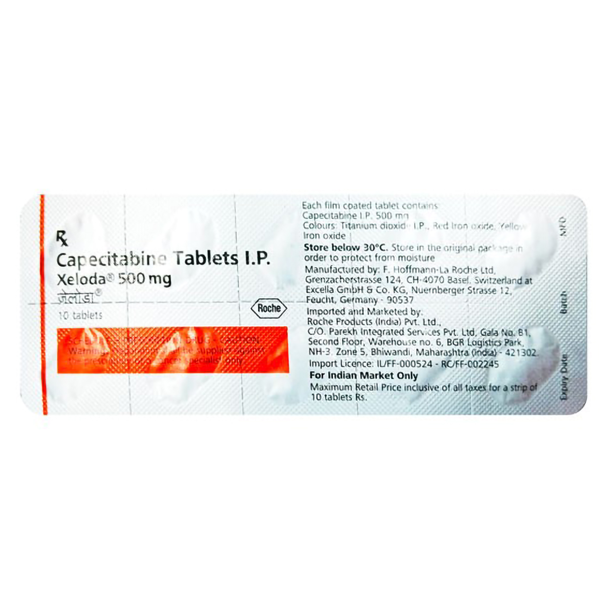 Xeloda 500 mg Tablet 10's, Pack of 10 TABLETS Xeloda 500 mg Tablet 10's, Pack of 10 TABLETS