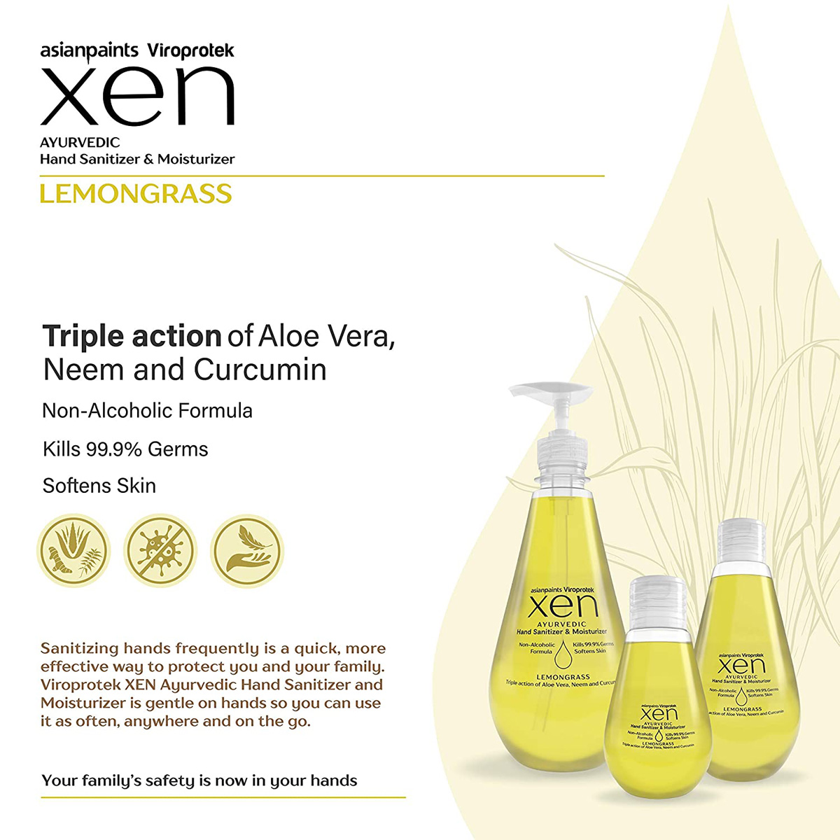 Asian Paints Viroprotek XEN Ayurvedic Hand Sanitizer 200 ml | Aloe vera, Neem & Curcumin | Kills 99.9% Germs | Softens Skin With Fragrance Of LemonGrass | Non Alcoholic Formula, Pack of 1 Asian Paints Viroprotek XEN Ayurvedic Hand Sanitizer 200 ml | Aloe vera, Neem & Curcumin | Kills 99.9% Germs | Softens Skin With Fragrance Of LemonGrass | Non Alcoholic Formula, Pack of 1