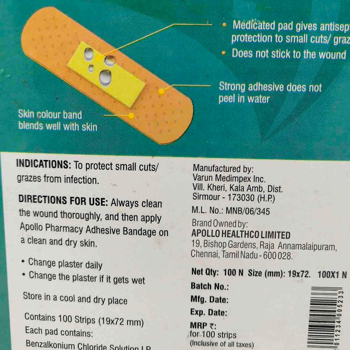 Apollo Pharmacy Adhesive Bandages, 100 Count, Pack of 100 Apollo Pharmacy Adhesive Bandages, 100 Count, Pack of 100