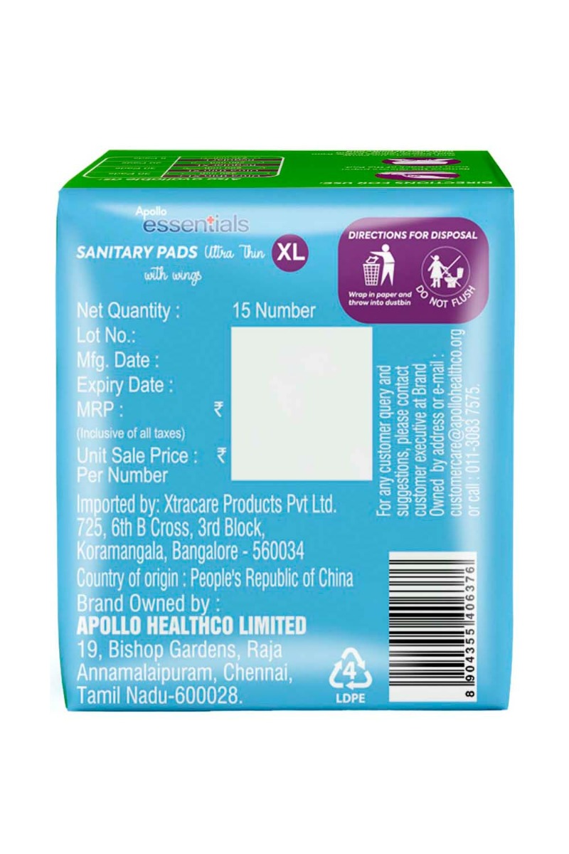 Apollo Essentials Sanitary Pads Ultrathin With Wings XL 290 mm, 15 count, Pack of 1 Apollo Essentials Sanitary Pads Ultrathin With Wings XL 290 mm, 15 count, Pack of 1
