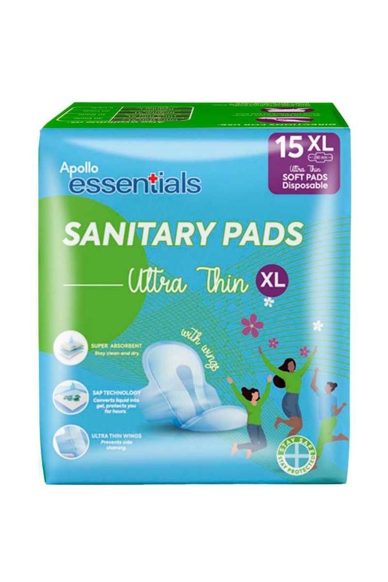 Apollo Essentials Sanitary Pads Ultrathin With Wings XL 290 mm, 15 count, Pack of 1 Apollo Essentials Sanitary Pads Ultrathin With Wings XL 290 mm, 15 count, Pack of 1