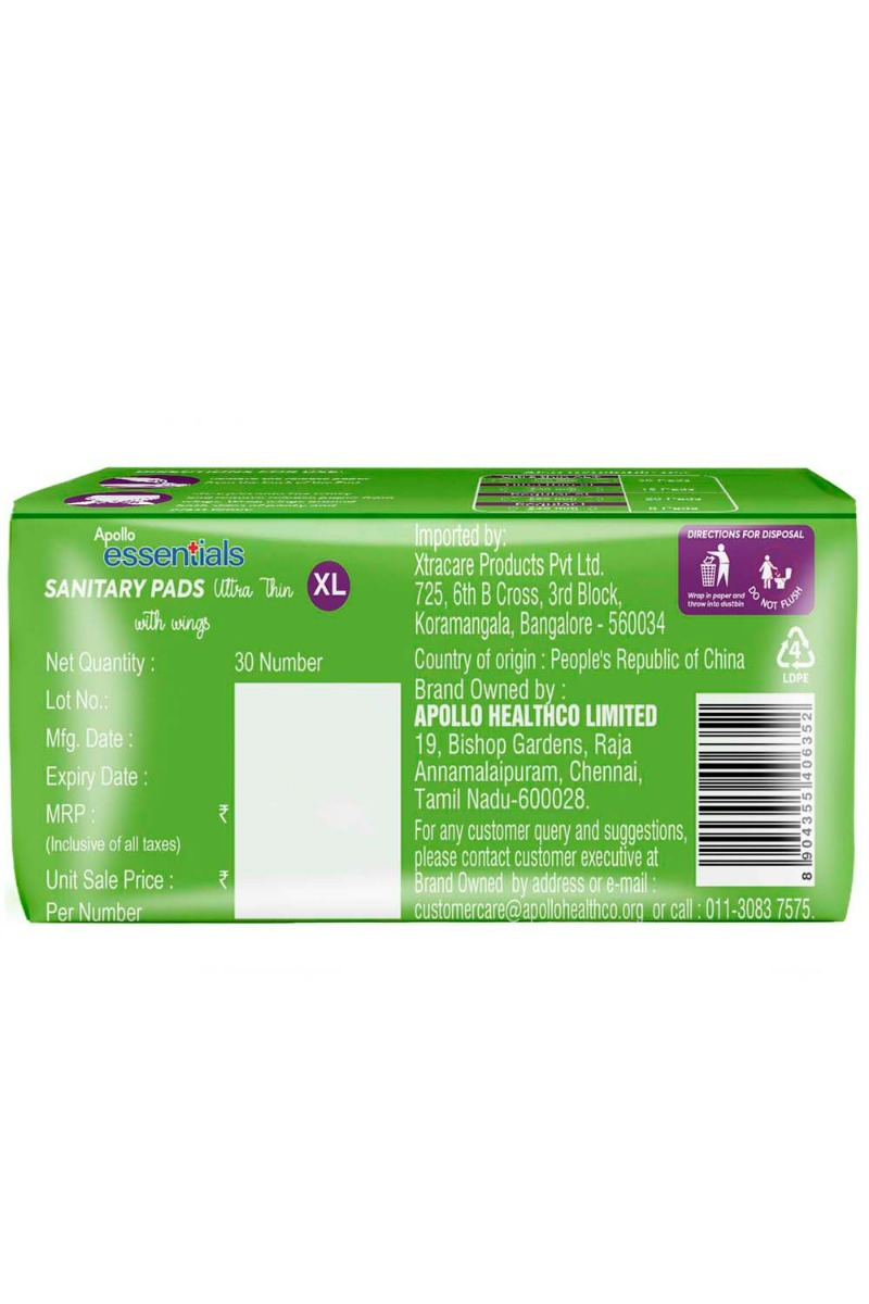 Apollo Essentials Sanitary Pads Ultrathin With Wings XL 290 mm, 30 count, Pack of 1 Apollo Essentials Sanitary Pads Ultrathin With Wings XL 290 mm, 30 count, Pack of 1