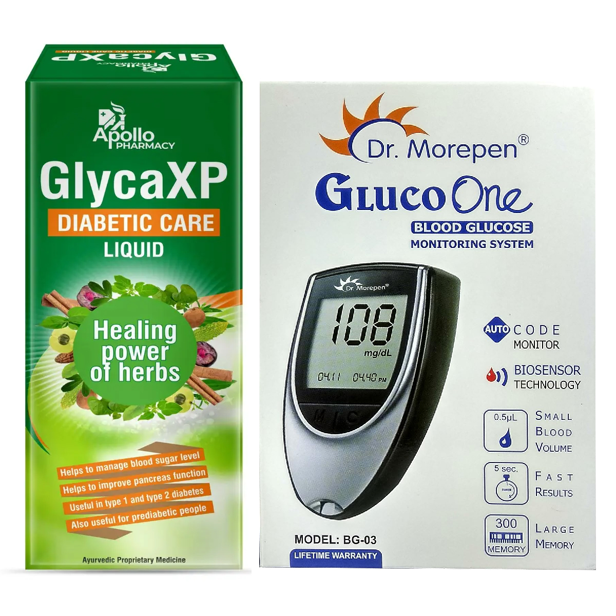 Apollo Pharmacy GlycaXP + Dr. Morepen Glucometer Combo Pack, 1 Kit, Pack of 1 Apollo Pharmacy GlycaXP + Dr. Morepen Glucometer Combo Pack, 1 Kit, Pack of 1