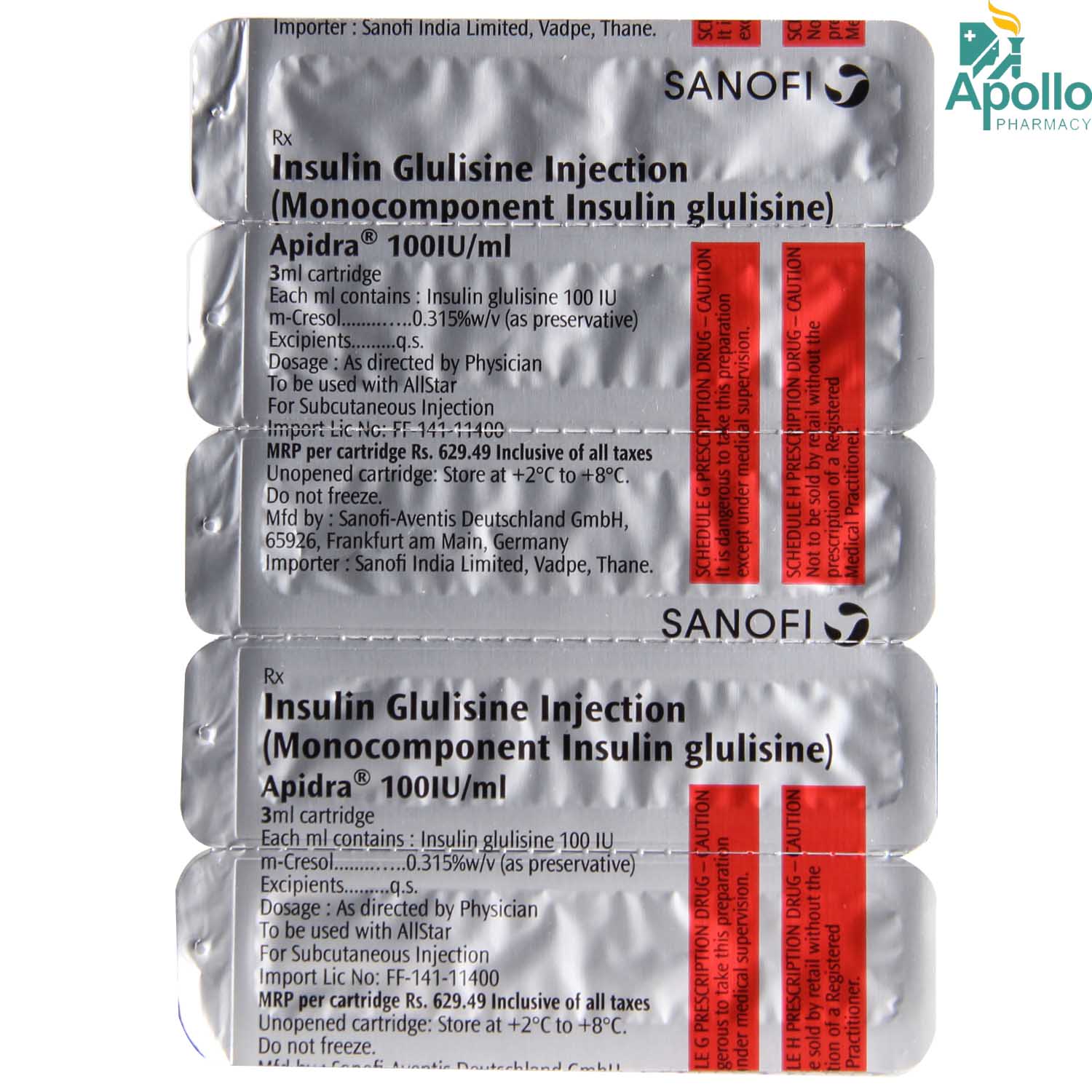 Apidra 100IU Cartridge 3 ml, Pack of 1 Injection Apidra 100IU Cartridge 3 ml, Pack of 1 Injection
