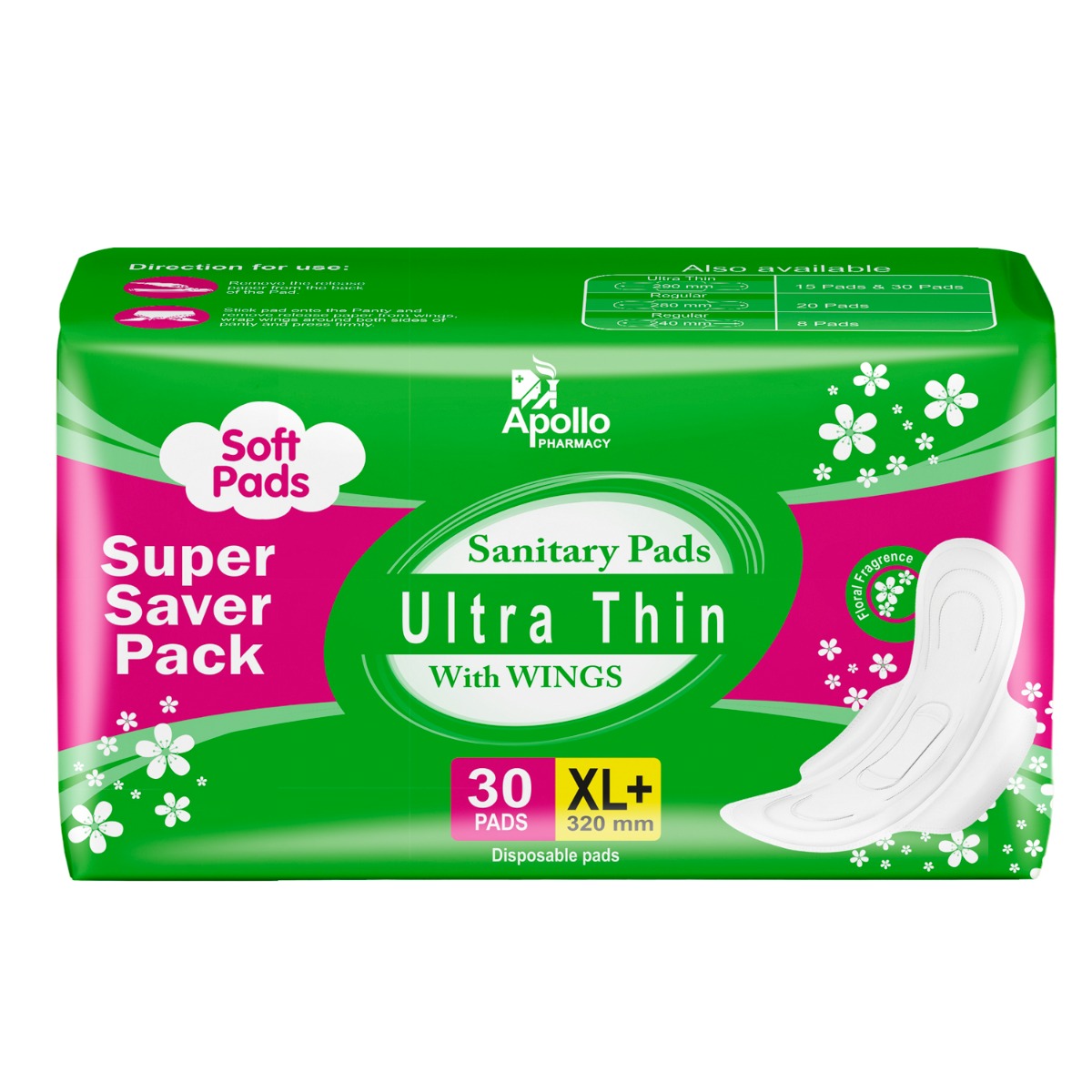 Apollo Pharmacy Ultrathin Sanitary Pads XL+ with Wings, 30 Count Price