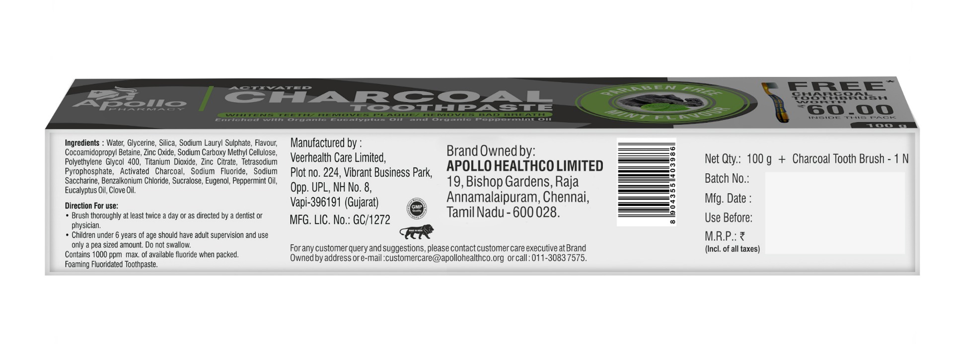 Apollo Pharmacy Activated Charcoal Mint Flavour Toothpaste + 1 Toothbrush Free, 100 gm, Pack of 1 Apollo Pharmacy Activated Charcoal Mint Flavour Toothpaste + 1 Toothbrush Free, 100 gm, Pack of 1