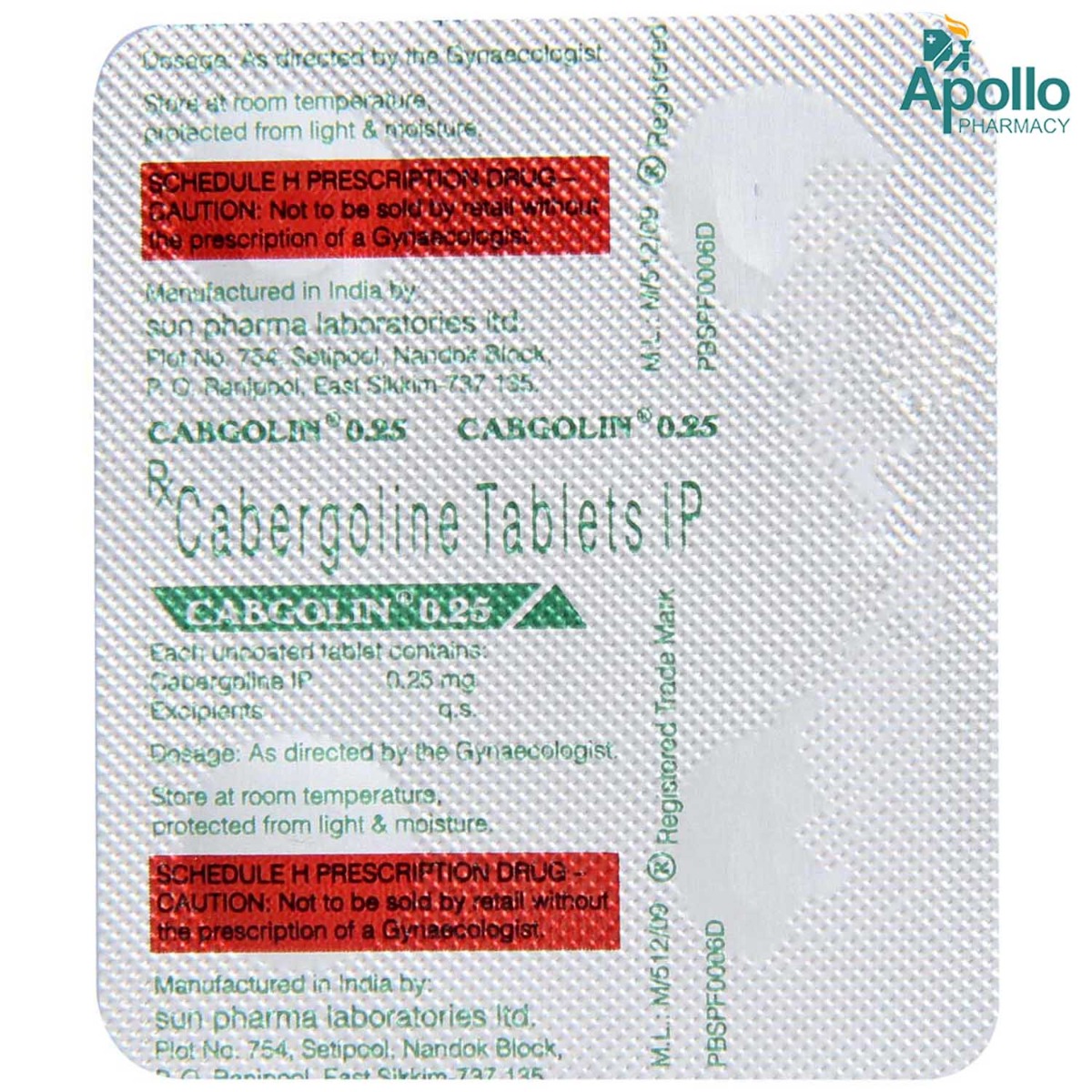 Cabgolin 0.25 Tablet 4's, Pack of 4 TABLETS Cabgolin 0.25 Tablet 4's, Pack of 4 TABLETS