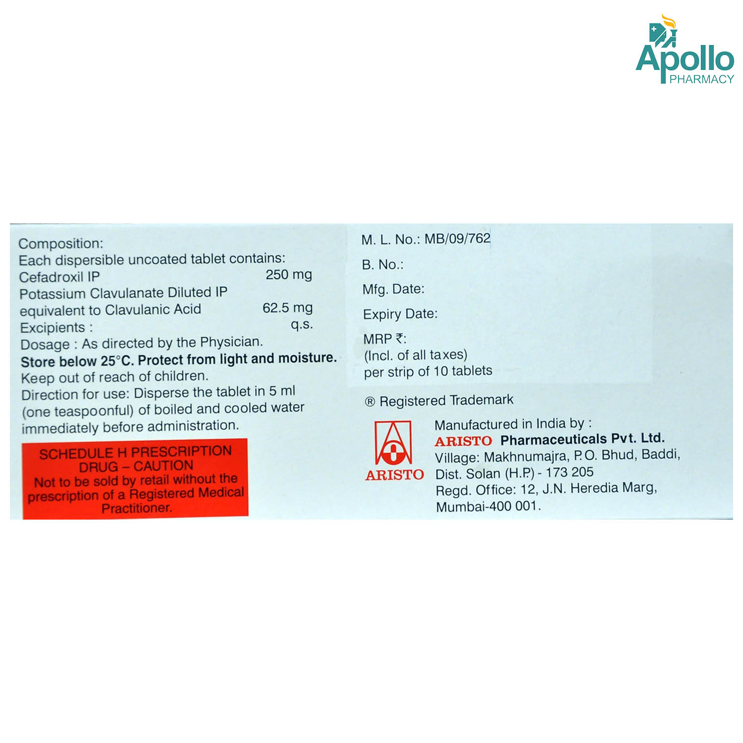 Cefadrox CV DT 250/62.5 Tablet 10's, Pack of 10 TABLETS Cefadrox CV DT 250/62.5 Tablet 10's, Pack of 10 TABLETS