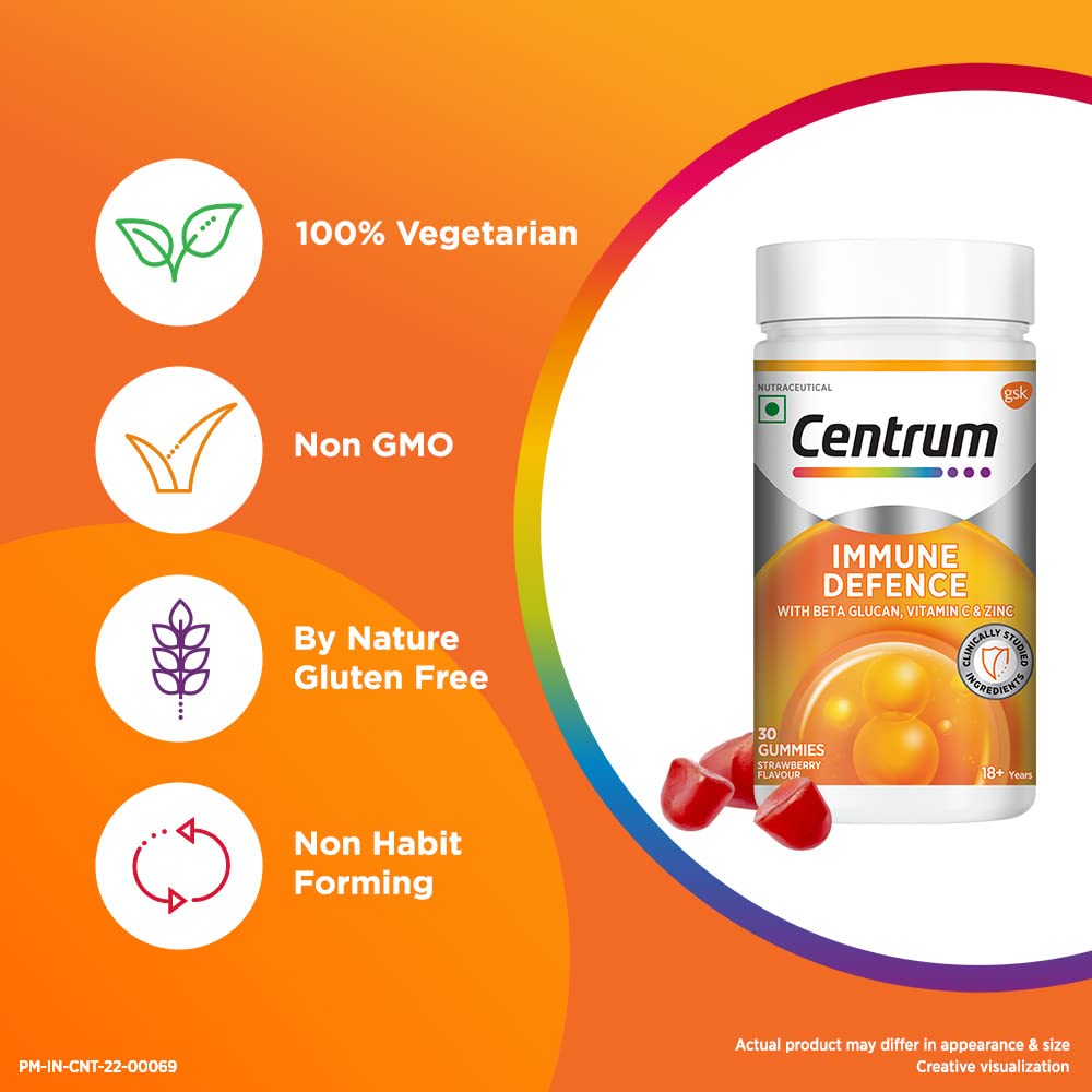 Centrum Immune Defence Strawberry Flavour with Beta Glucan, Vitamin C & Zinc, 30 Gummies, Pack of 1 Centrum Immune Defence Strawberry Flavour with Beta Glucan, Vitamin C & Zinc, 30 Gummies, Pack of 1