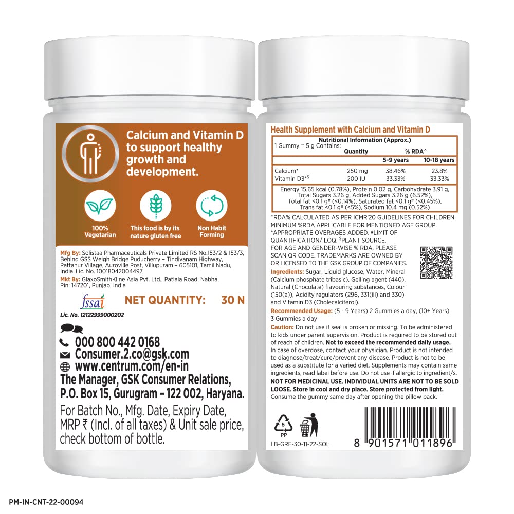 Centrum Kids Growth Fuel Chocolate Flavour Calcium & Vitamin D, 30 Gummies, Pack of 1 Centrum Kids Growth Fuel Chocolate Flavour Calcium & Vitamin D, 30 Gummies, Pack of 1