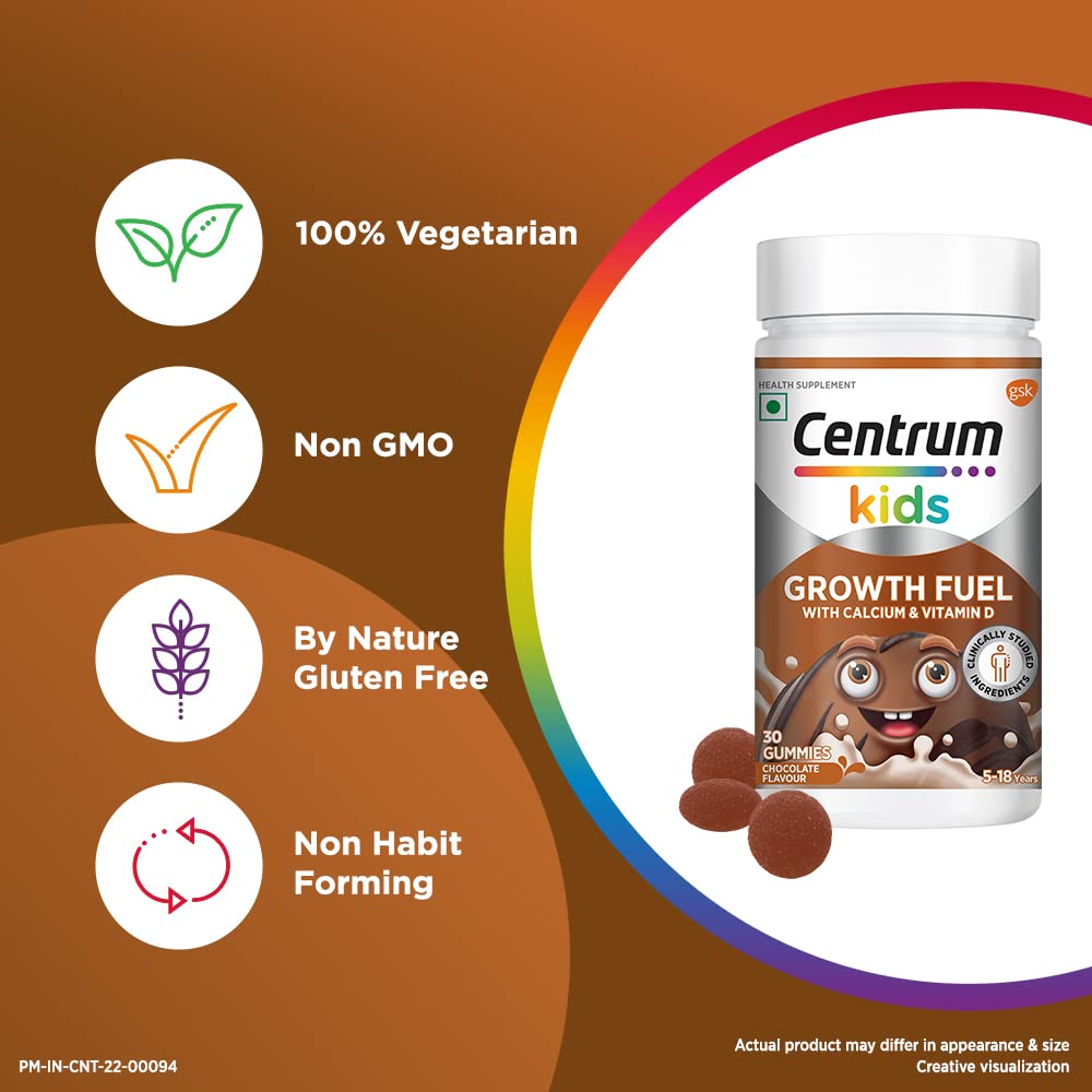 Centrum Kids Growth Fuel Chocolate Flavour Calcium & Vitamin D, 30 Gummies, Pack of 1 Centrum Kids Growth Fuel Chocolate Flavour Calcium & Vitamin D, 30 Gummies, Pack of 1