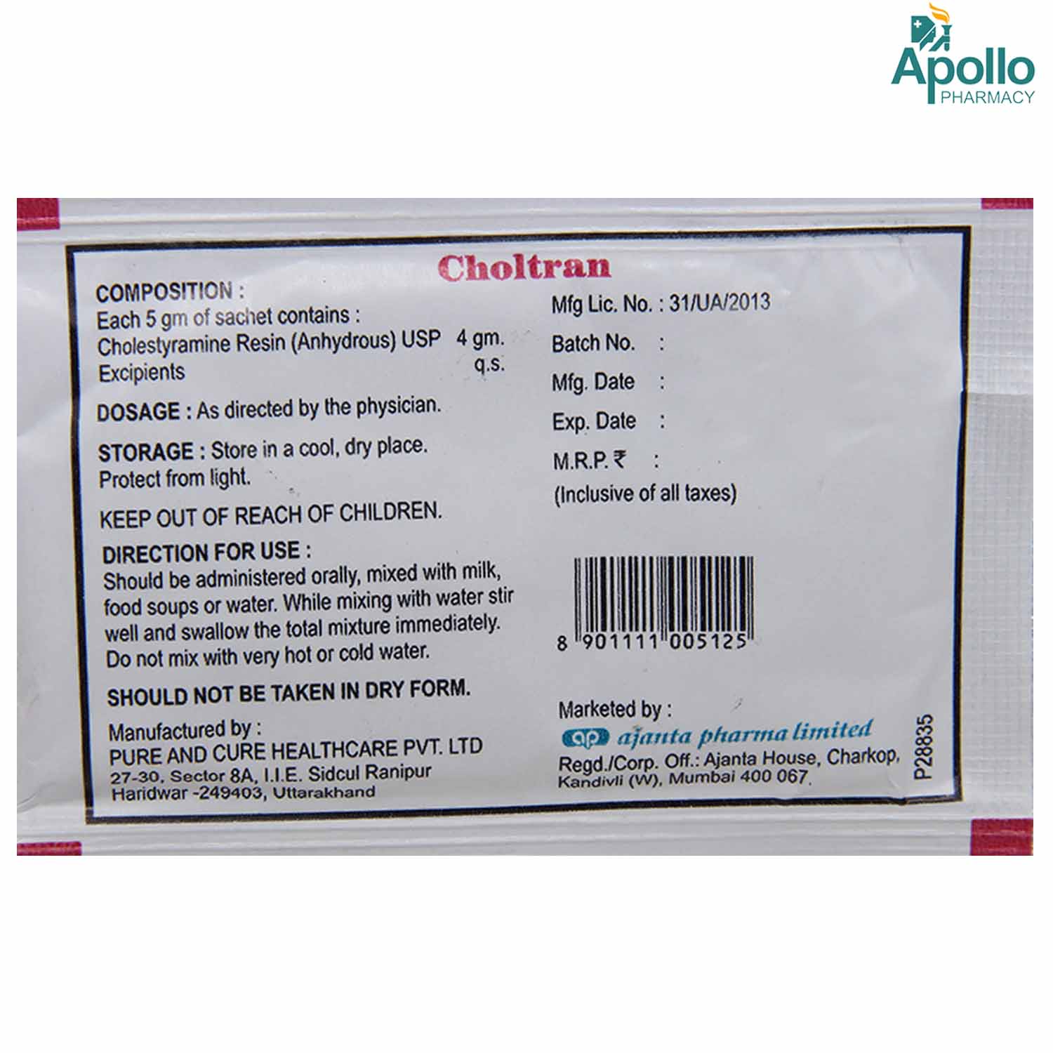 Choltran Powder For Oral Suspension 5 gm, Pack of 1 POWDER Choltran Powder For Oral Suspension 5 gm, Pack of 1 POWDER