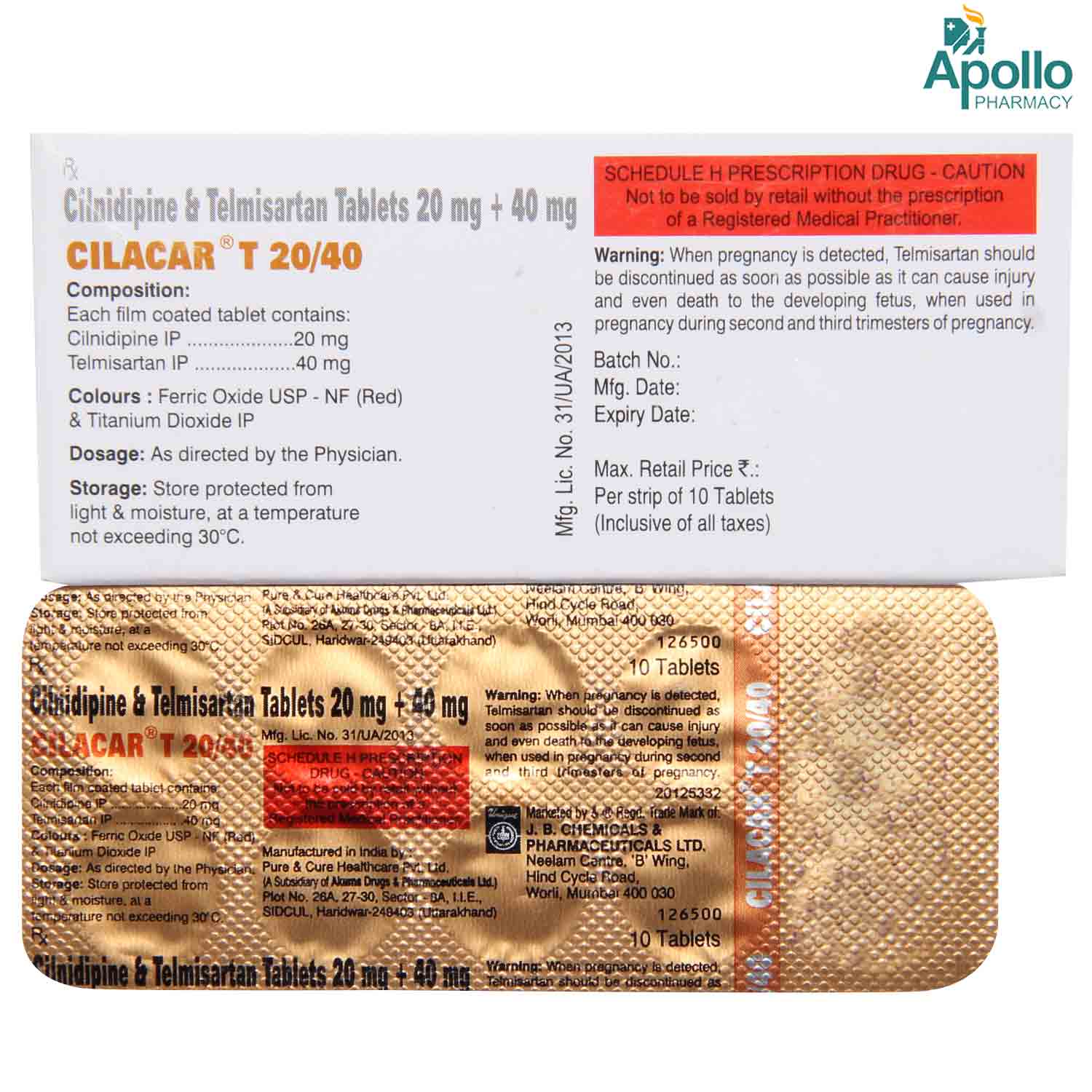 Cilacar T 20 mg/40 mg Tablet 10's, Pack of 10 TABLETS Cilacar T 20 mg/40 mg Tablet 10's, Pack of 10 TABLETS