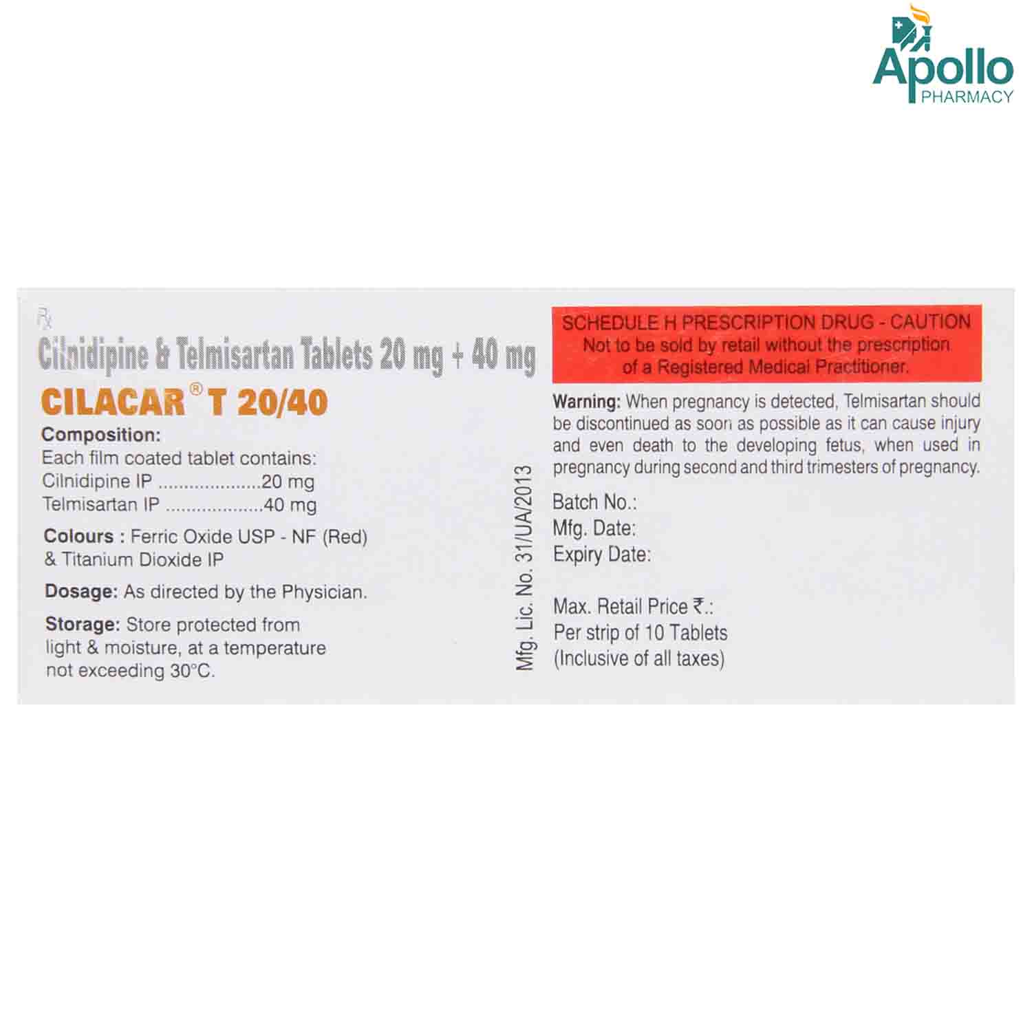 Cilacar T 20 mg/40 mg Tablet 10's, Pack of 10 TABLETS Cilacar T 20 mg/40 mg Tablet 10's, Pack of 10 TABLETS