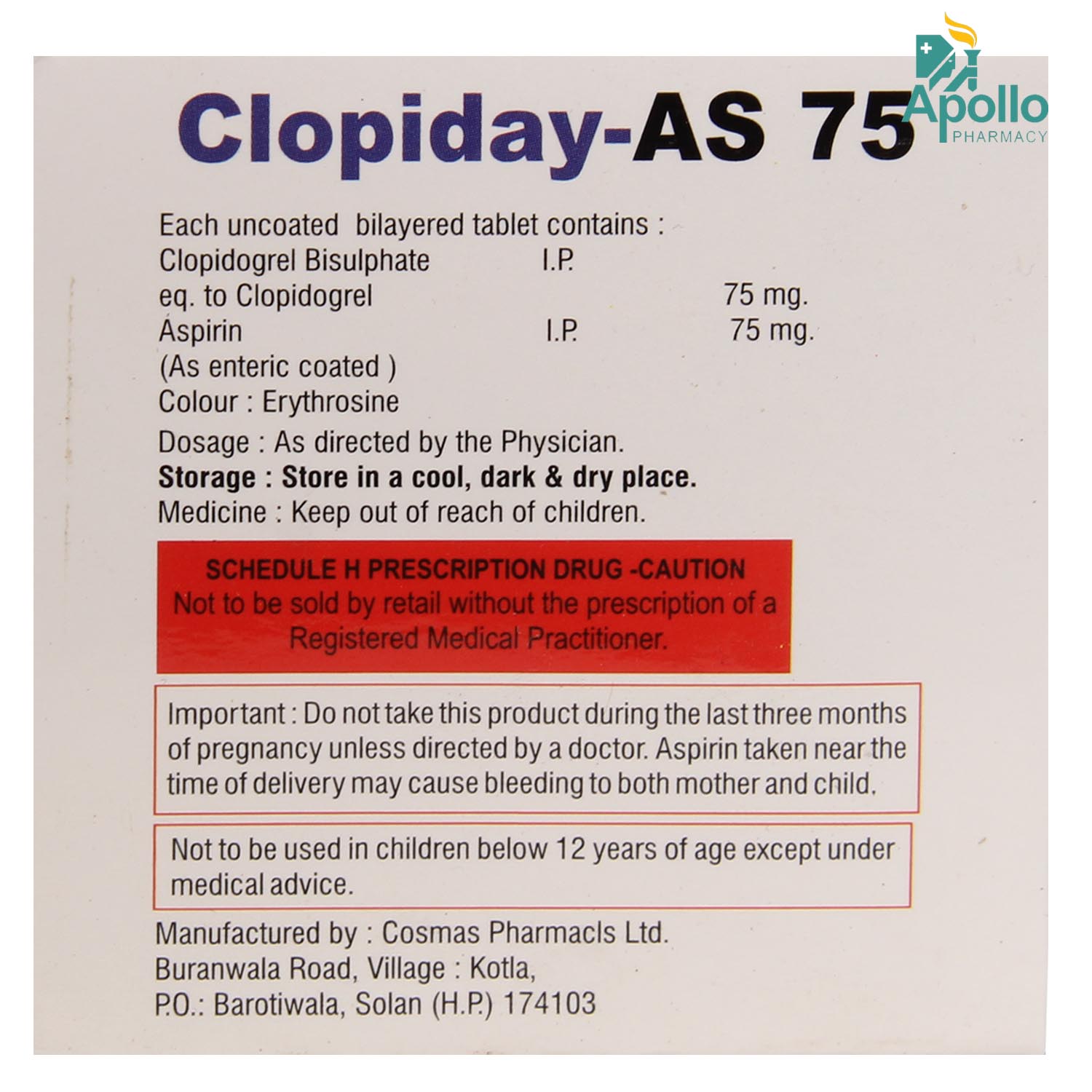 Clopiday AS 75 Tablet 10's, Pack of 10 TABLETS Clopiday AS 75 Tablet 10's, Pack of 10 TABLETS