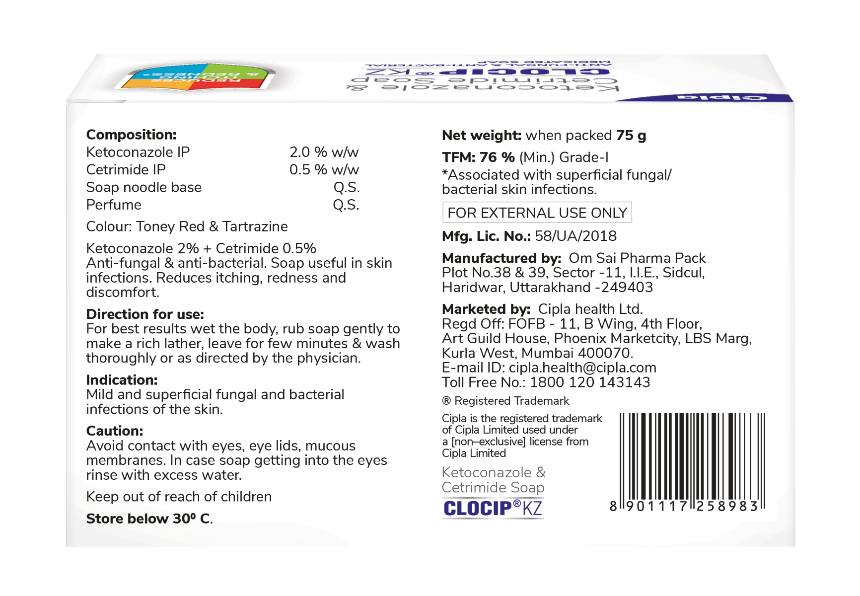 Clocip KZ Soap 75 gm | Ketoconazole & Cetrimide | Antifungal & Anti Bacterial Medicated Soap | Treats Skin Infection | Reduces Itching & Redness, Pack of 1 SOAP Clocip KZ Soap 75 gm | Ketoconazole & Cetrimide | Antifungal & Anti Bacterial Medicated Soap | Treats Skin Infection | Reduces Itching & Redness, Pack of 1 SOAP