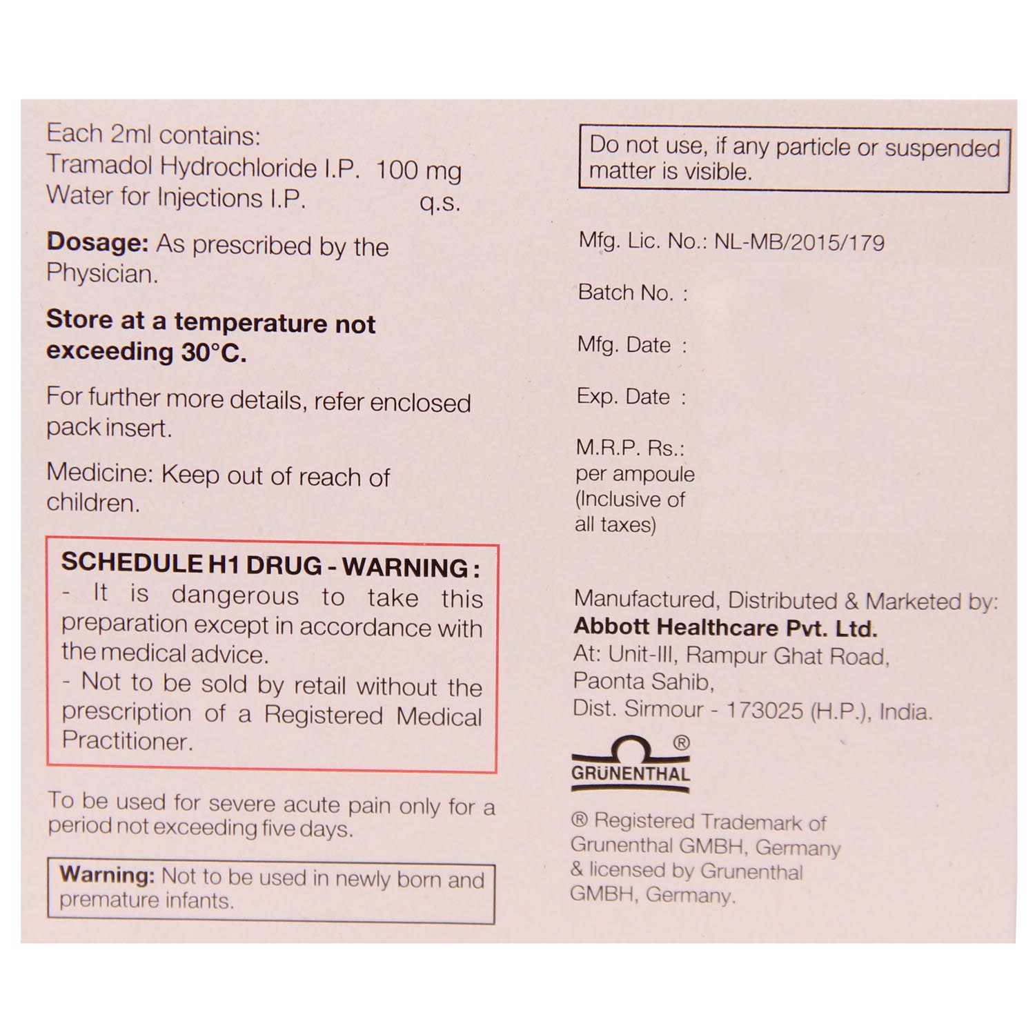 Contramal 100 mg Injection 5 X 2 ml, Pack of 5 InjectionS Contramal 100 mg Injection 5 X 2 ml, Pack of 5 InjectionS