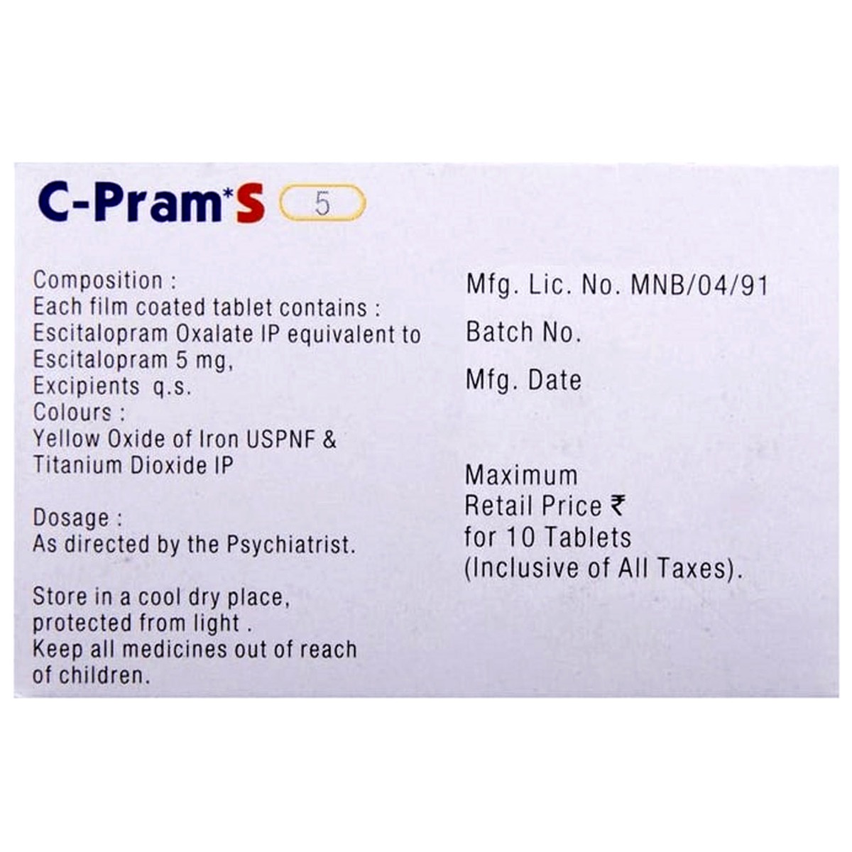 C-Pram S 5 Tablet 10's, Pack of 10 TABLETS C-Pram S 5 Tablet 10's, Pack of 10 TABLETS