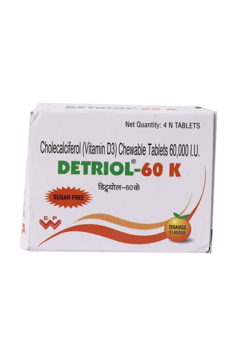 Detriol-60K Orange Flavour Sugar Free Chewable Tablet 4's, Pack of 4 Detriol-60K Orange Flavour Sugar Free Chewable Tablet 4's, Pack of 4