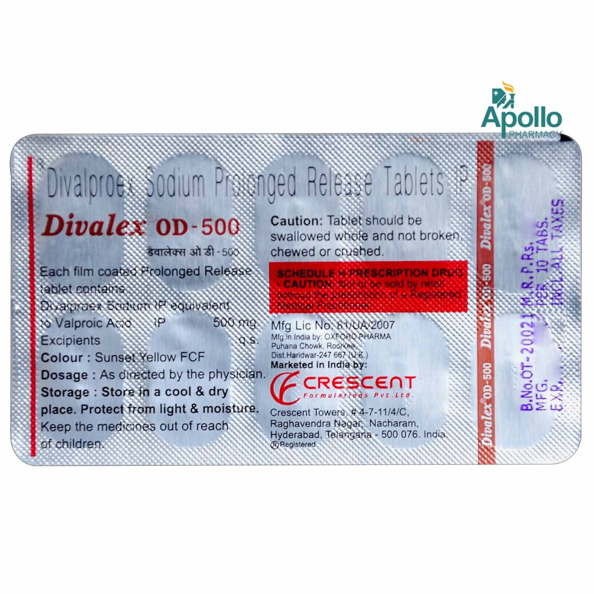 Divalex OD-500 Tablet 10's, Pack of 10 TABLETS Divalex OD-500 Tablet 10's, Pack of 10 TABLETS