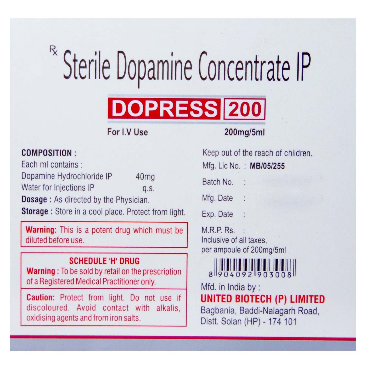 Dopress 200 mg Injection 5 ml, Pack of 1 Injection Dopress 200 mg Injection 5 ml, Pack of 1 Injection