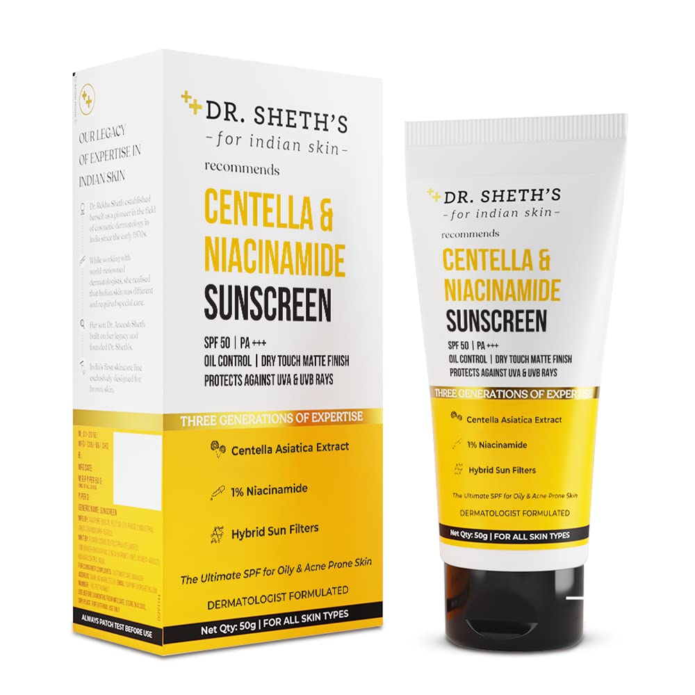 Dr. Sheth's Centella & Niacinamide SPF 50 Sunscreen Cream, 50 gm, Pack of 1 Dr. Sheth's Centella & Niacinamide SPF 50 Sunscreen Cream, 50 gm, Pack of 1