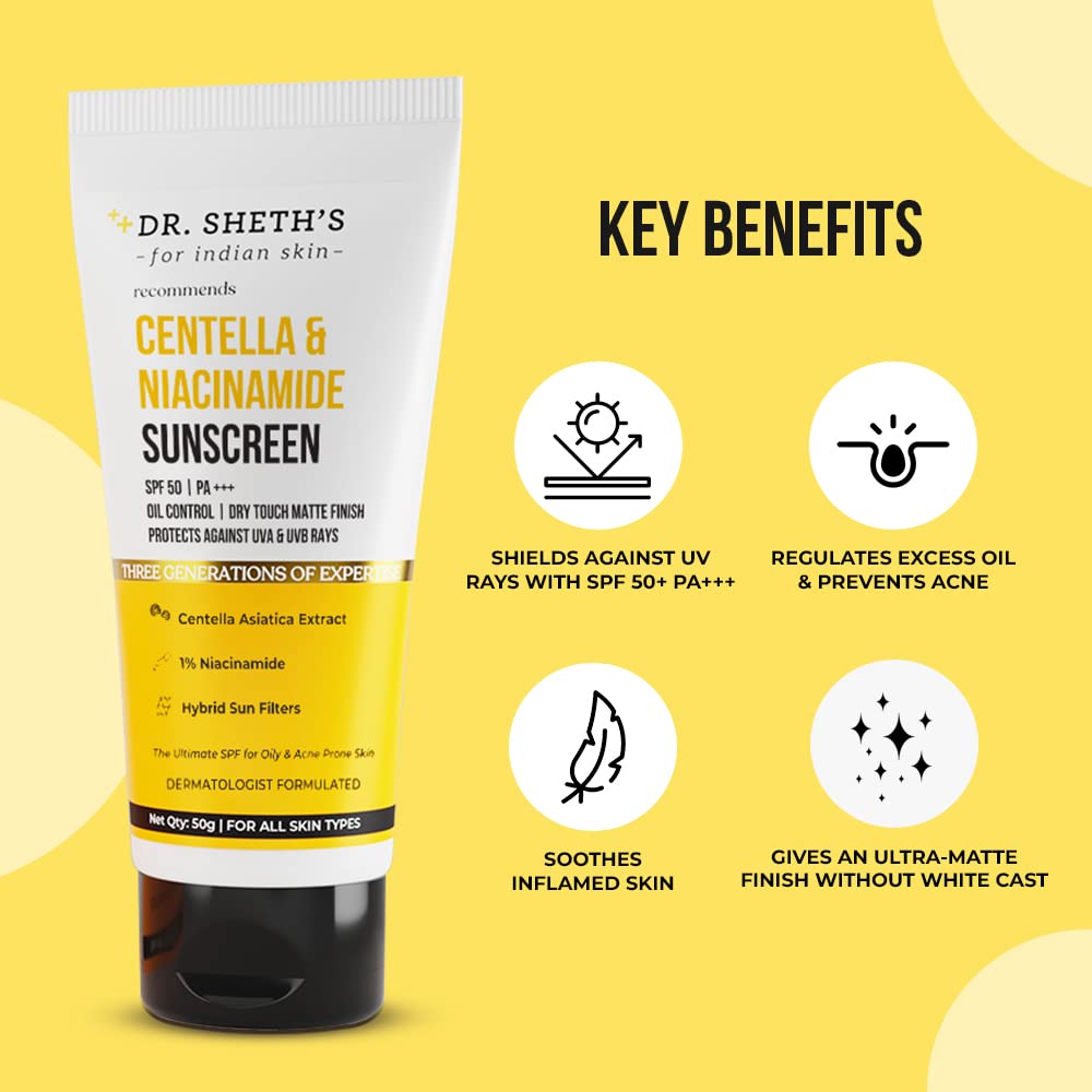 Dr. Sheth's Centella & Niacinamide SPF 50 Sunscreen Cream, 50 gm, Pack of 1 Dr. Sheth's Centella & Niacinamide SPF 50 Sunscreen Cream, 50 gm, Pack of 1