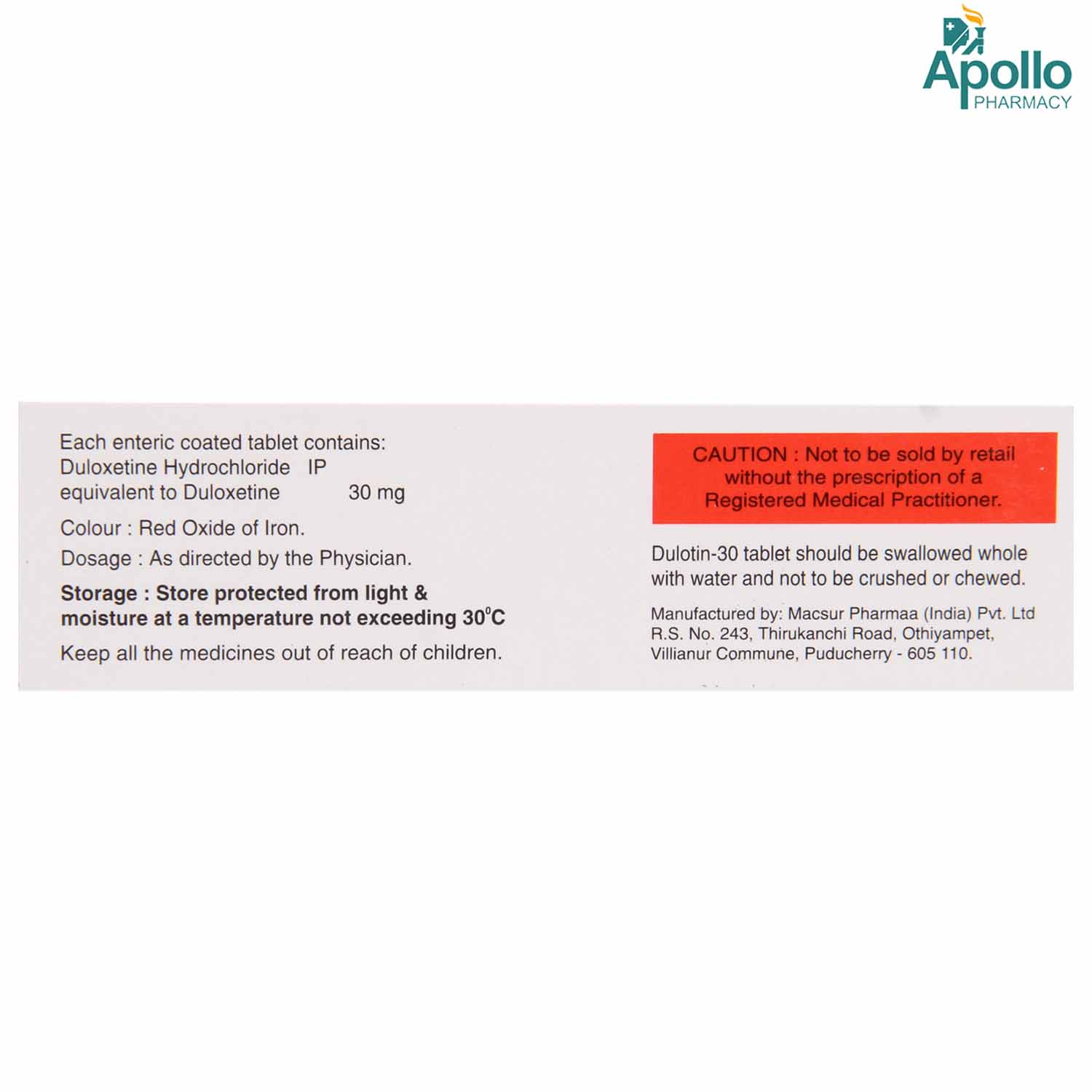 Dulotin 30 Tablet 10's, Pack of 10 TabletS Dulotin 30 Tablet 10's, Pack of 10 TabletS