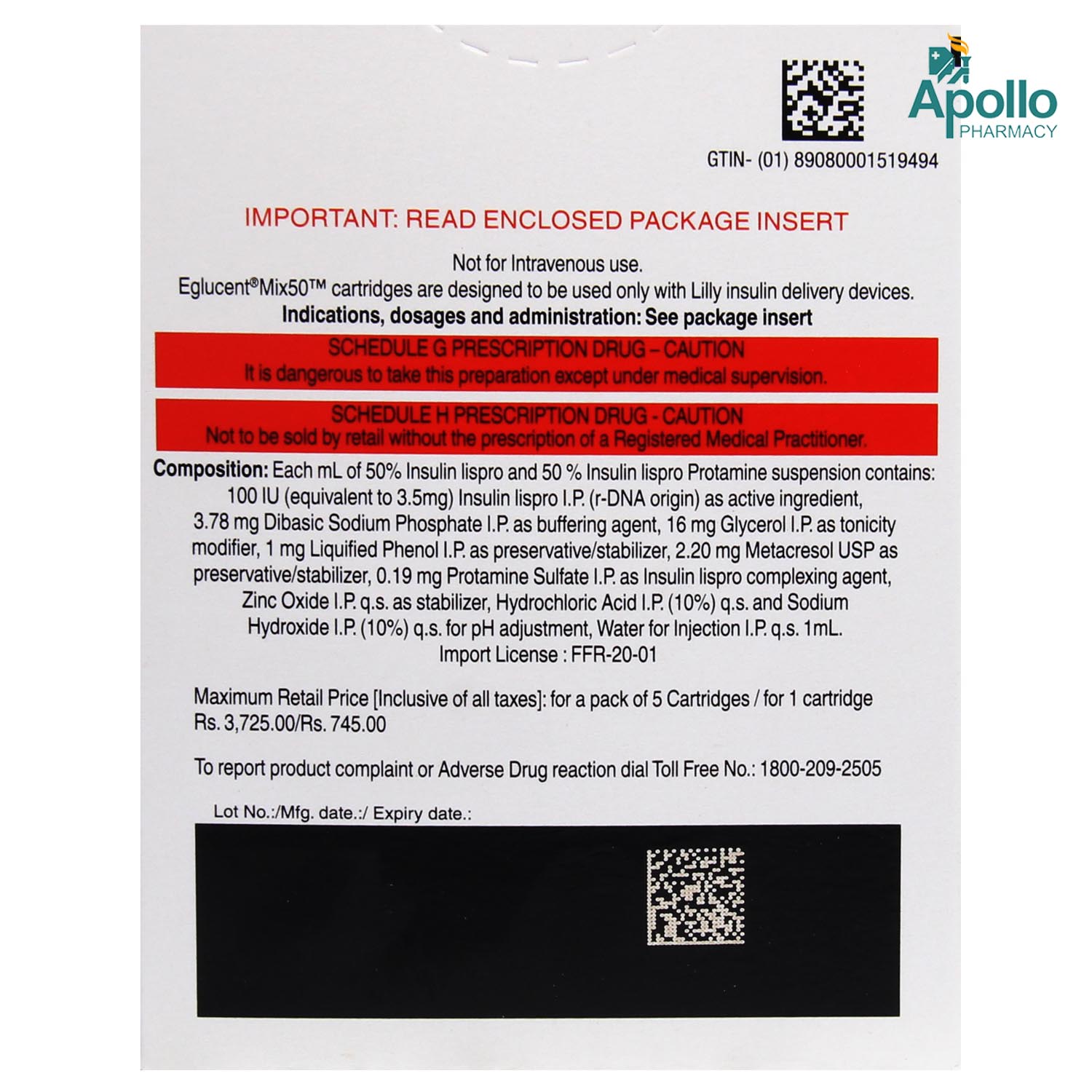Eglucent Mix 50 100IU/ml Suspension  Injection 3 ml, Pack of 1 INJECTION Eglucent Mix 50 100IU/ml Suspension  Injection 3 ml, Pack of 1 INJECTION