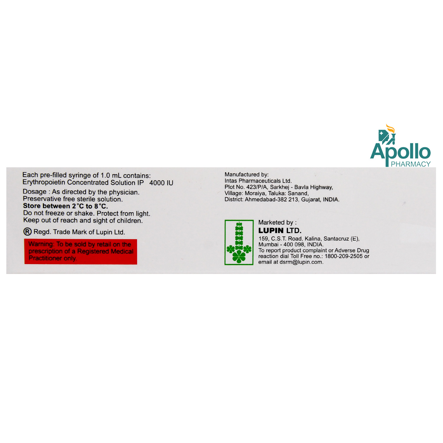 Epocept 4000IU Injection 1 ml, Pack of 1 INJECTION Epocept 4000IU Injection 1 ml, Pack of 1 INJECTION