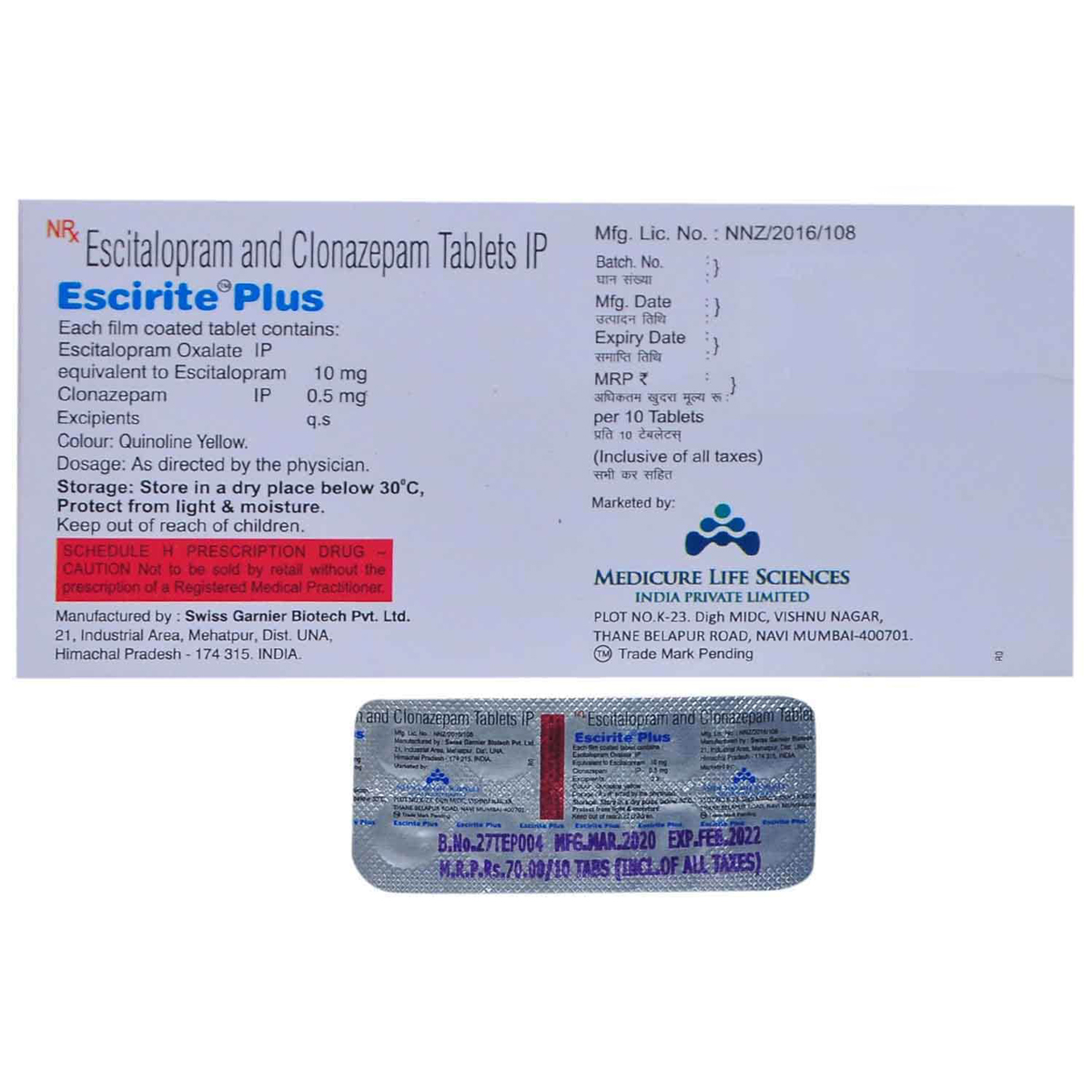 ESCIRITE PLUS TABLET 10'S, Pack of 10 TabletS ESCIRITE PLUS TABLET 10'S, Pack of 10 TabletS