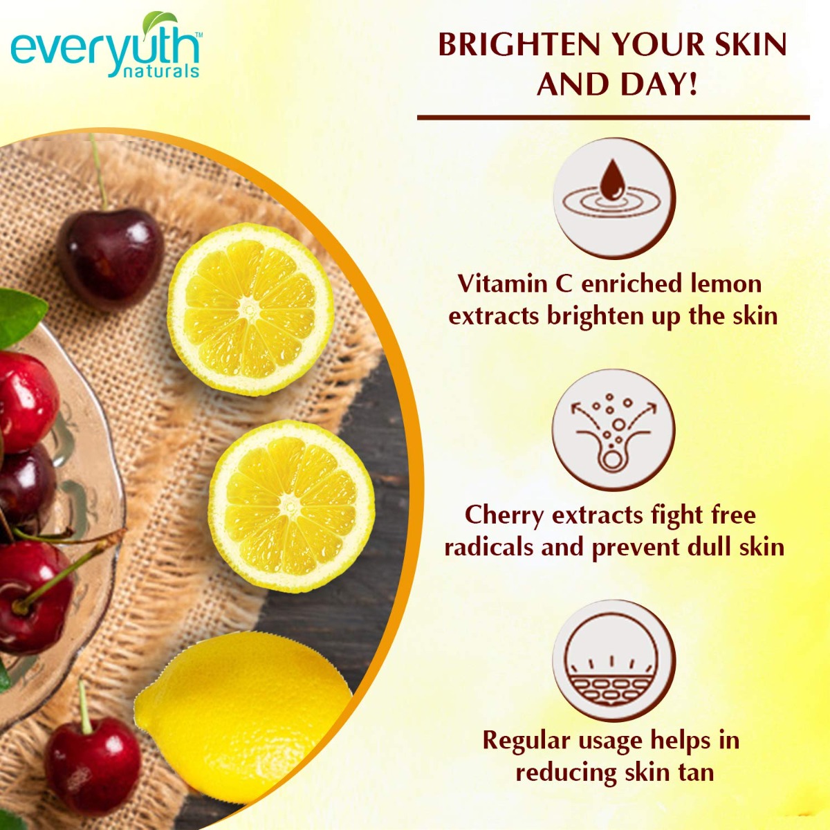 Everyuth Brightening Lemon & Cherry Face Wash 100 gm | Fights Tanning | Brightens Skin | For All Skin Type, Pack of 1 Everyuth Brightening Lemon & Cherry Face Wash 100 gm | Fights Tanning | Brightens Skin | For All Skin Type, Pack of 1