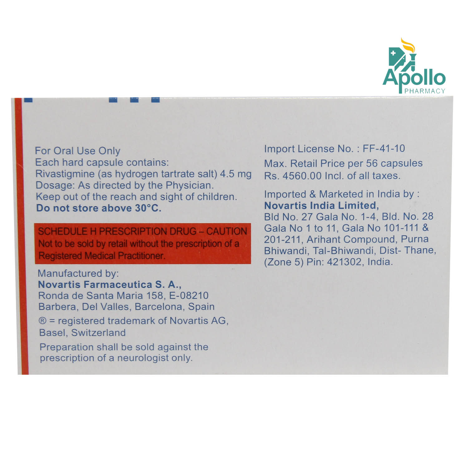 Exelon 4.5mg Capsule 14's, Pack of 14 CapsuleS Exelon 4.5mg Capsule 14's, Pack of 14 CapsuleS