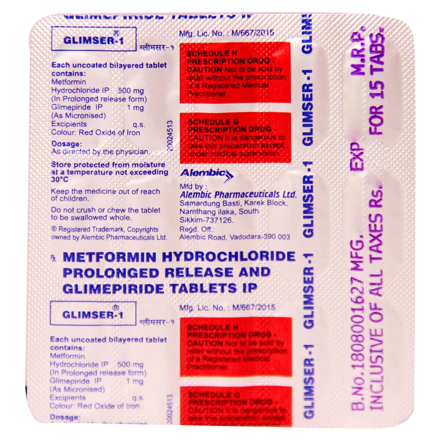 Glimser 1 Tablet 15's, Pack of 15 TABLETS Glimser 1 Tablet 15's, Pack of 15 TABLETS